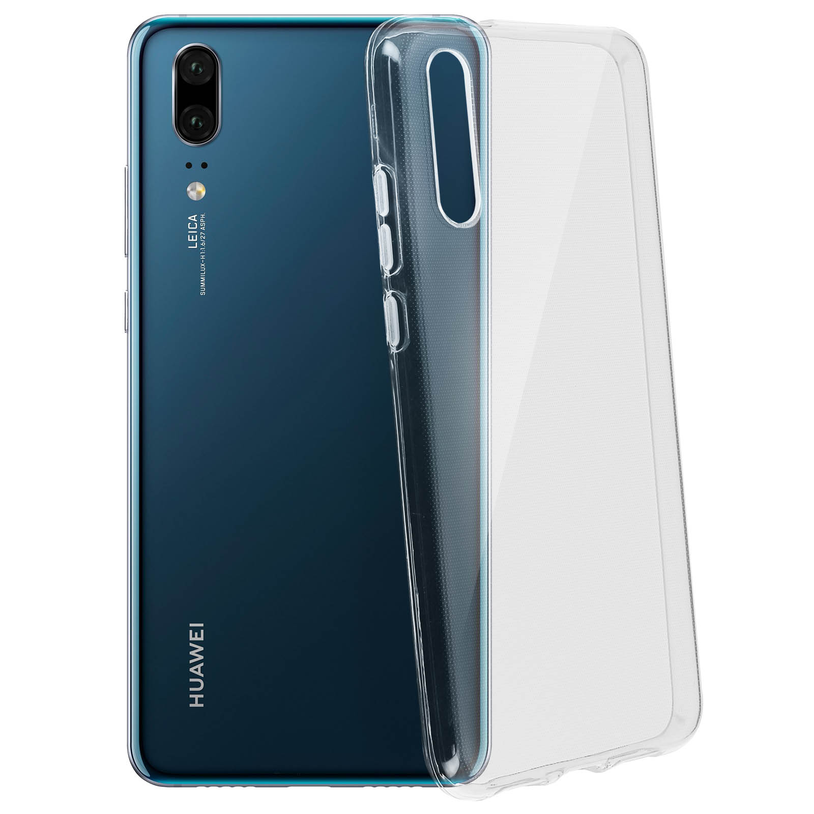 Telefono Huawei blu con custodia trasparente accanto. Il telefono ha fotocamere e un logo.