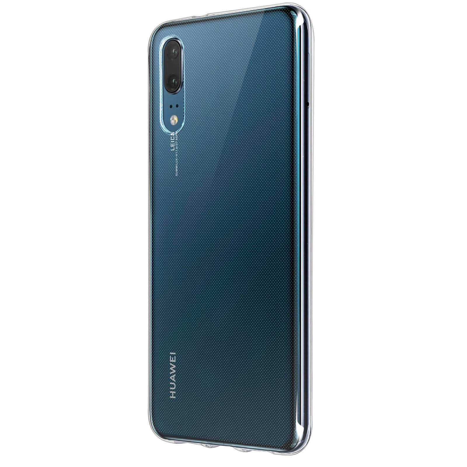Telefono blu scuro con custodia trasparente, mostra il retro con la fotocamera.