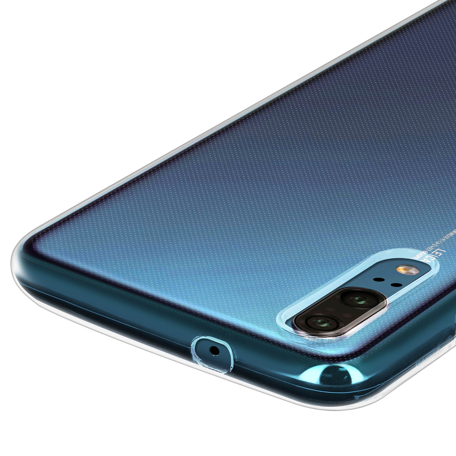 Primo piano dell'obiettivo della fotocamera e del retro del telefono con design blu.