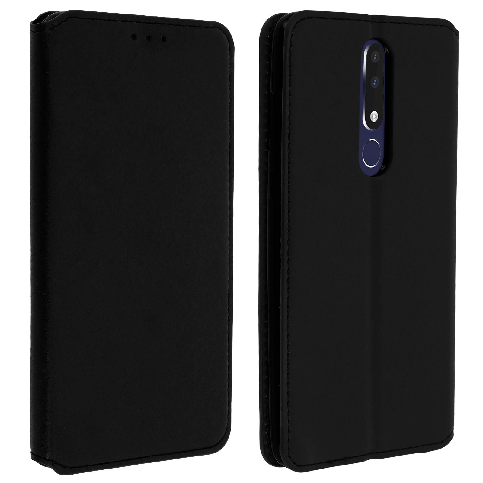 Custodia per telefono nera, aperta, che rivela un telefono, con sfondo bianco.