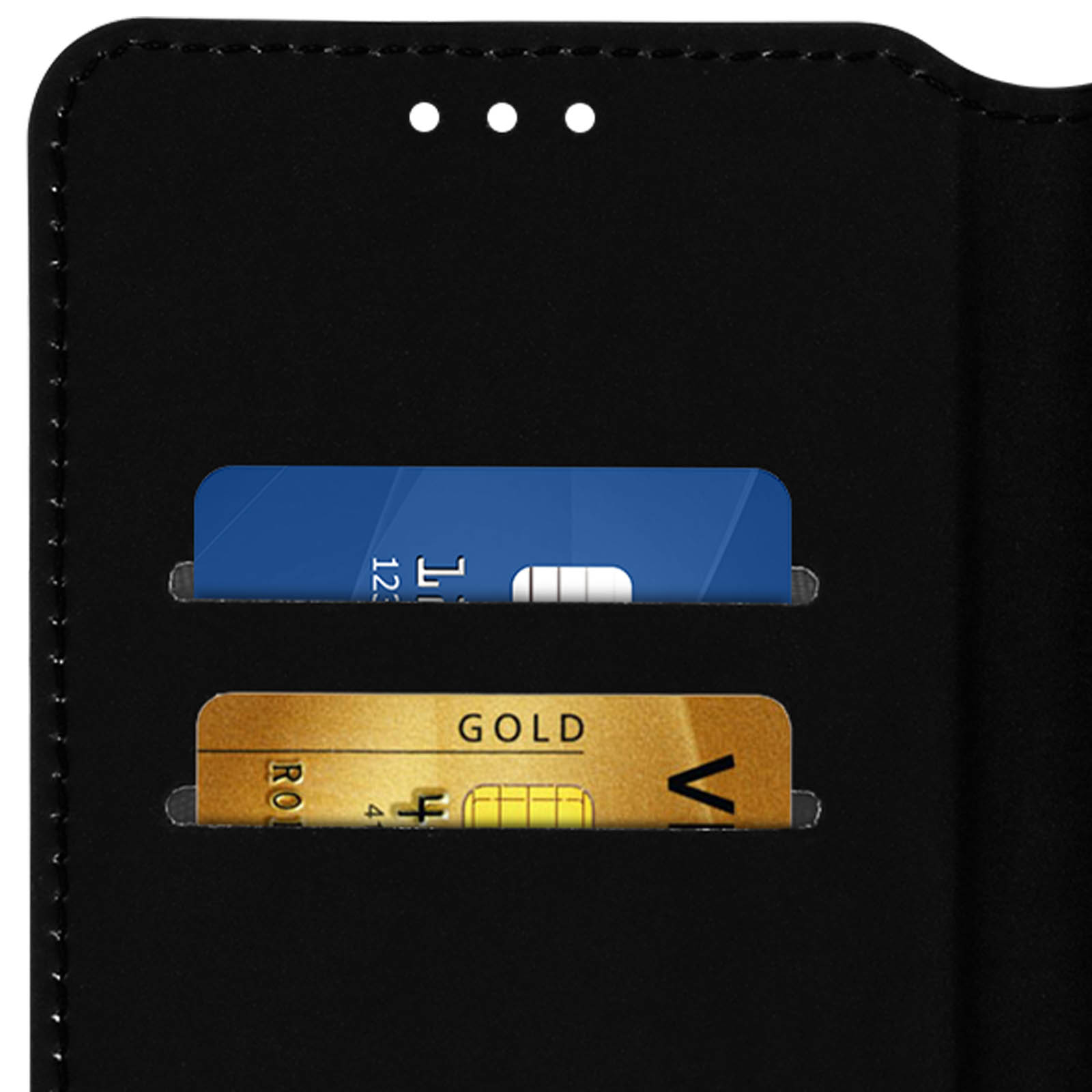 Una custodia nera per telefono con due fessure per carte. Le carte sono blu e oro, visibili.