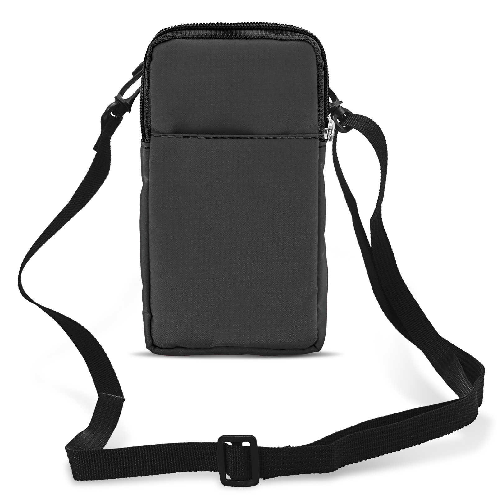 Borsa a tracolla nera. Con cerniera, cinturino regolabile e fibbia nera.