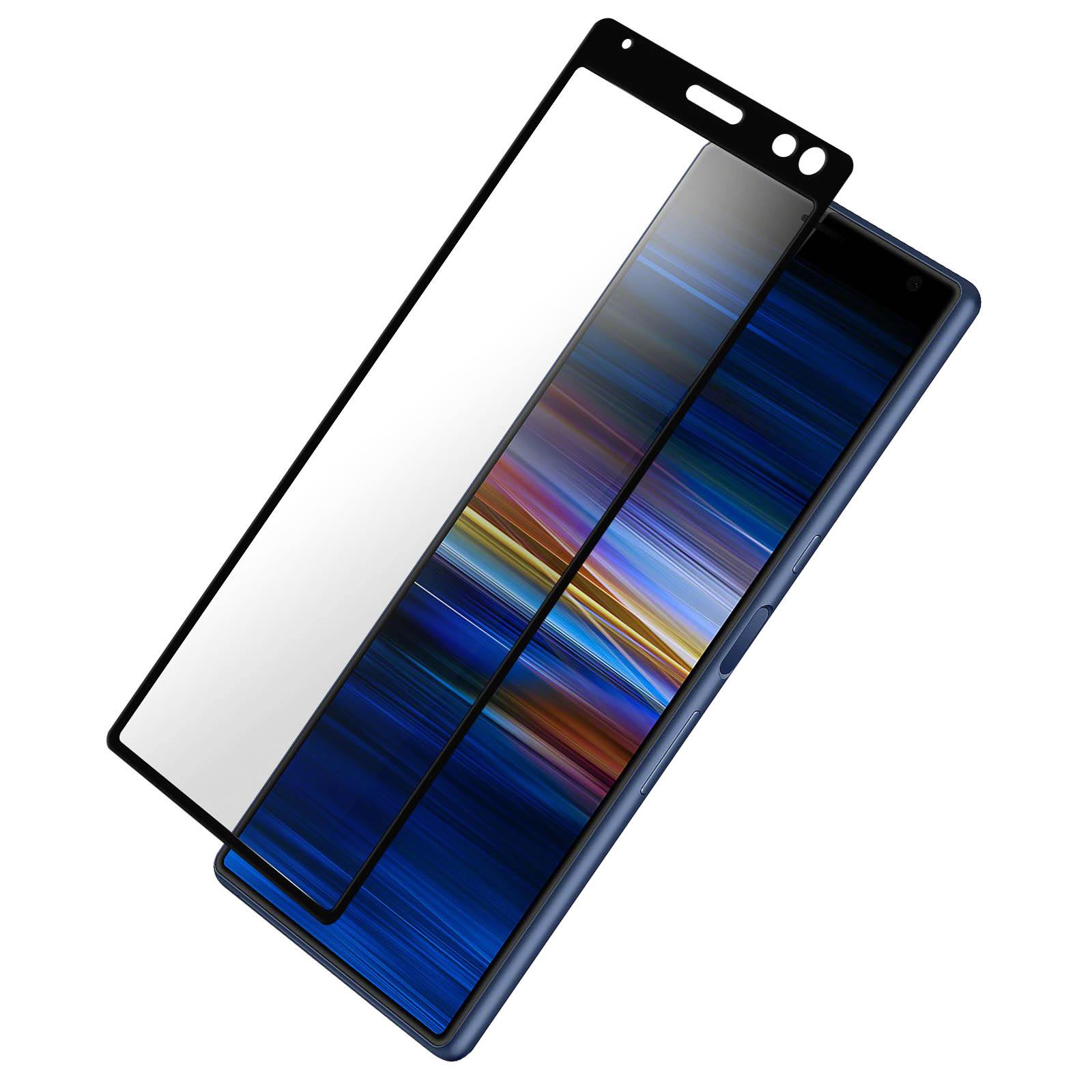 Uno smartphone blu con una protezione per lo schermo. La protezione è nera e trasparente. Lo schermo mostra linee colorate.