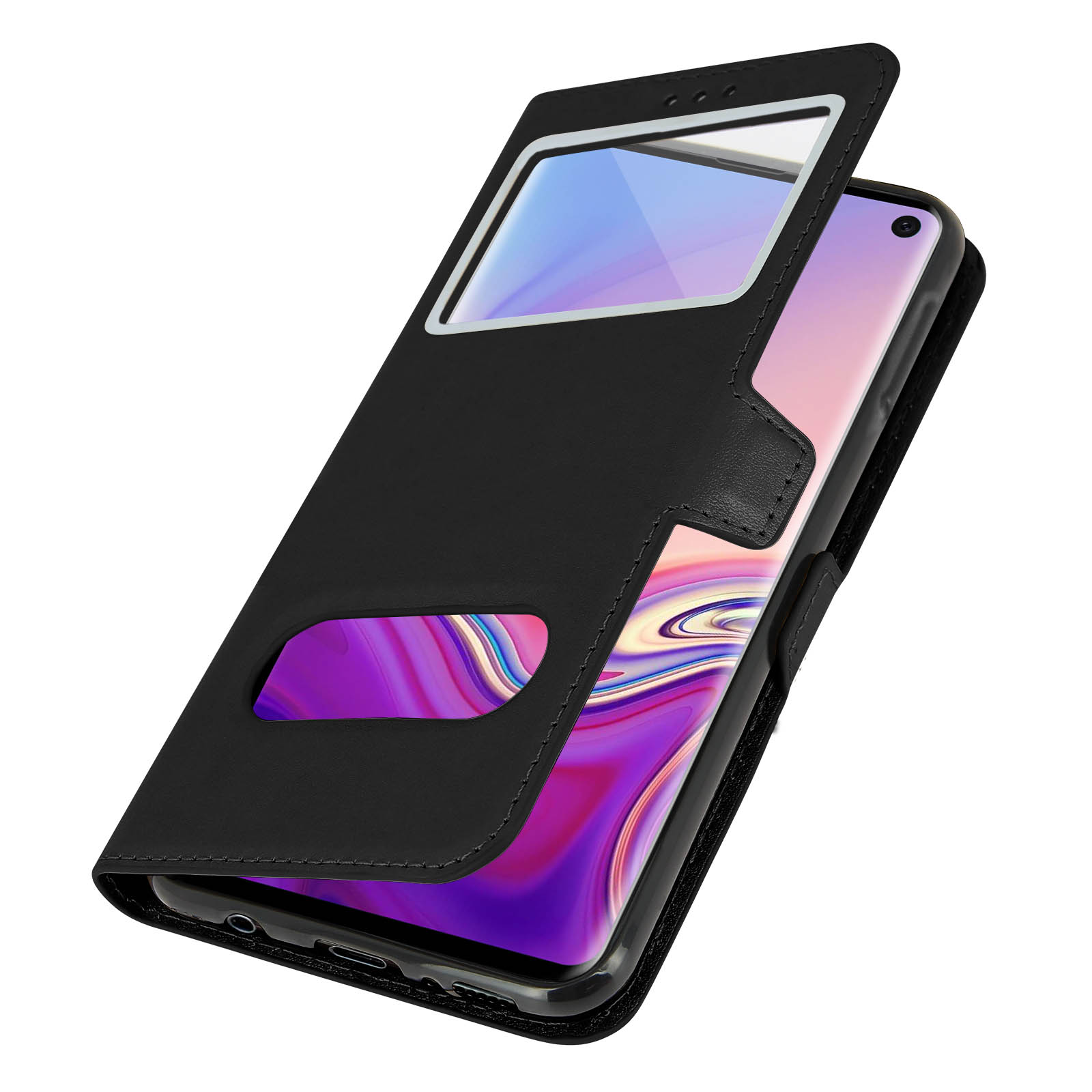Un telefono in una custodia nera con una finestra aperta per mostrare lo schermo.