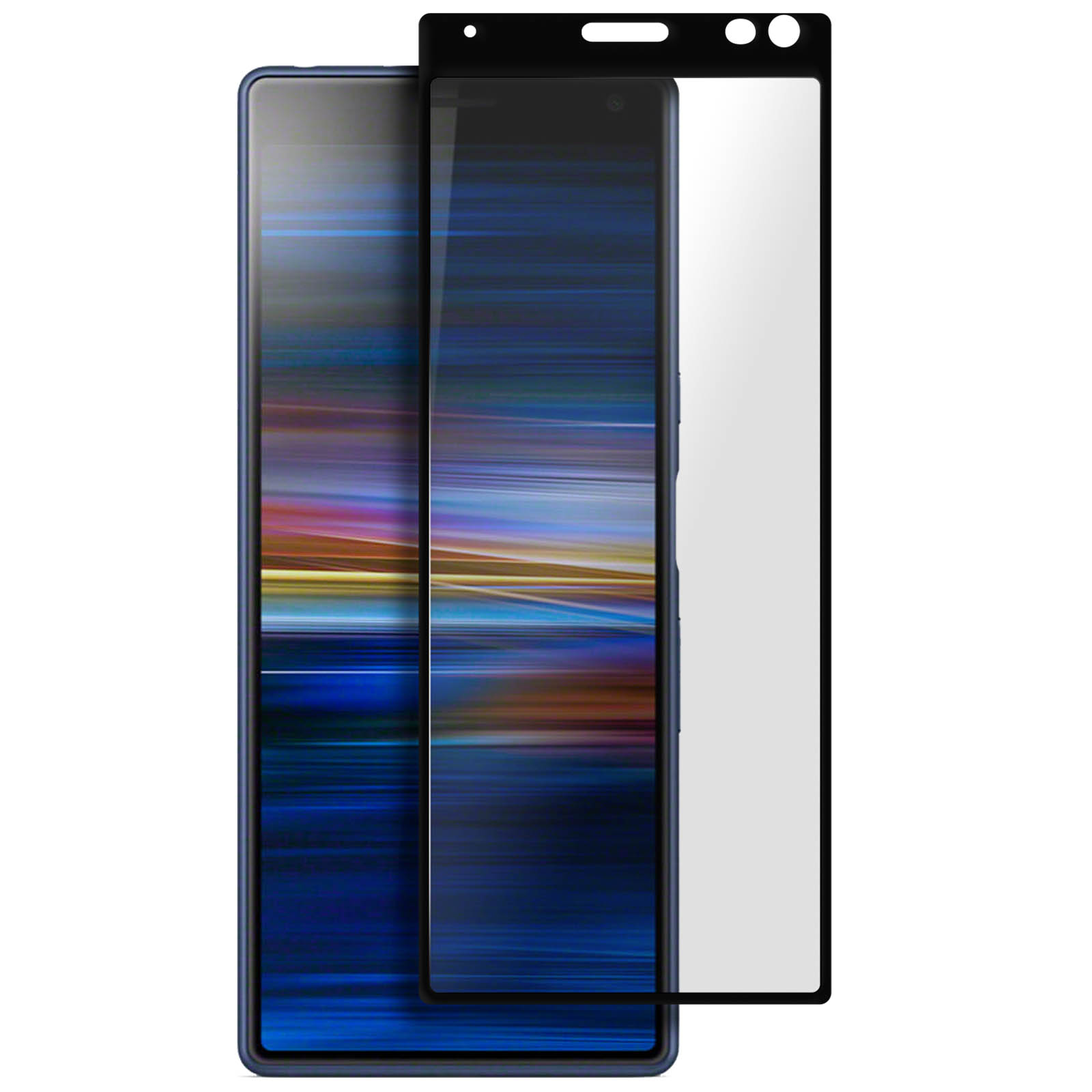 Uno smartphone con una protezione per lo schermo. Il telefono ha una cornice blu e un display colorato. La protezione è nera e trasparente.