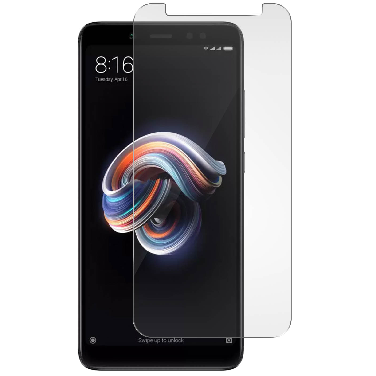 Telefono nero con protezione schermo. Lo schermo mostra l'ora e un'immagine astratta colorata. Sfondo bianco.