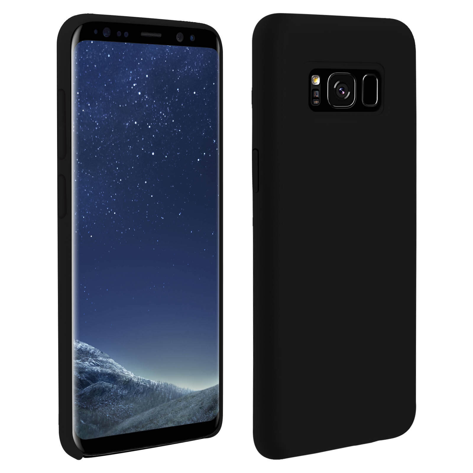 Custodia nera per telefono con uno smartphone. Lo smartphone mostra un cielo notturno con stelle e montagne.