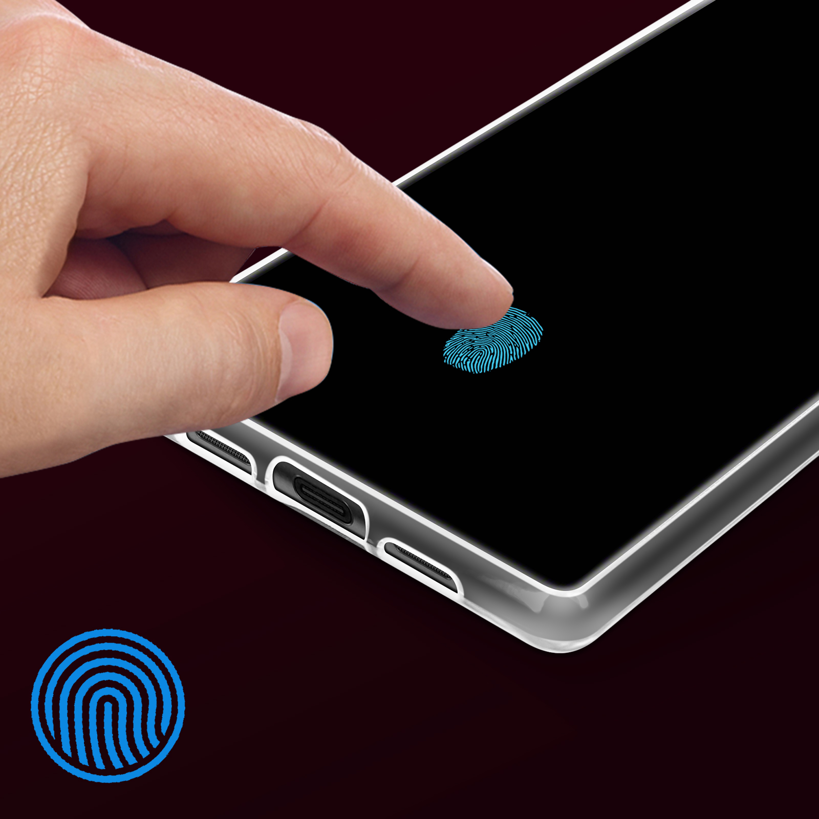 Un dito tocca lo schermo di un telefono, mostrando un'impronta digitale blu. Lo sfondo è una sfumatura rosso scuro e nero.