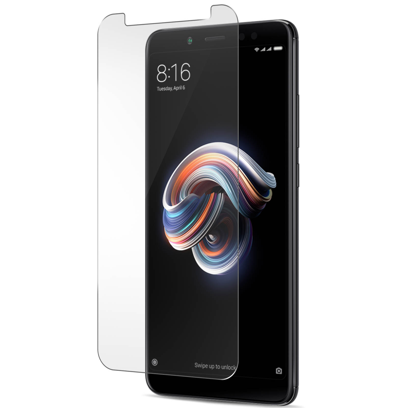 Telefono e protezione schermo con ora sullo schermo. Il telefono ha retro e schermo neri.