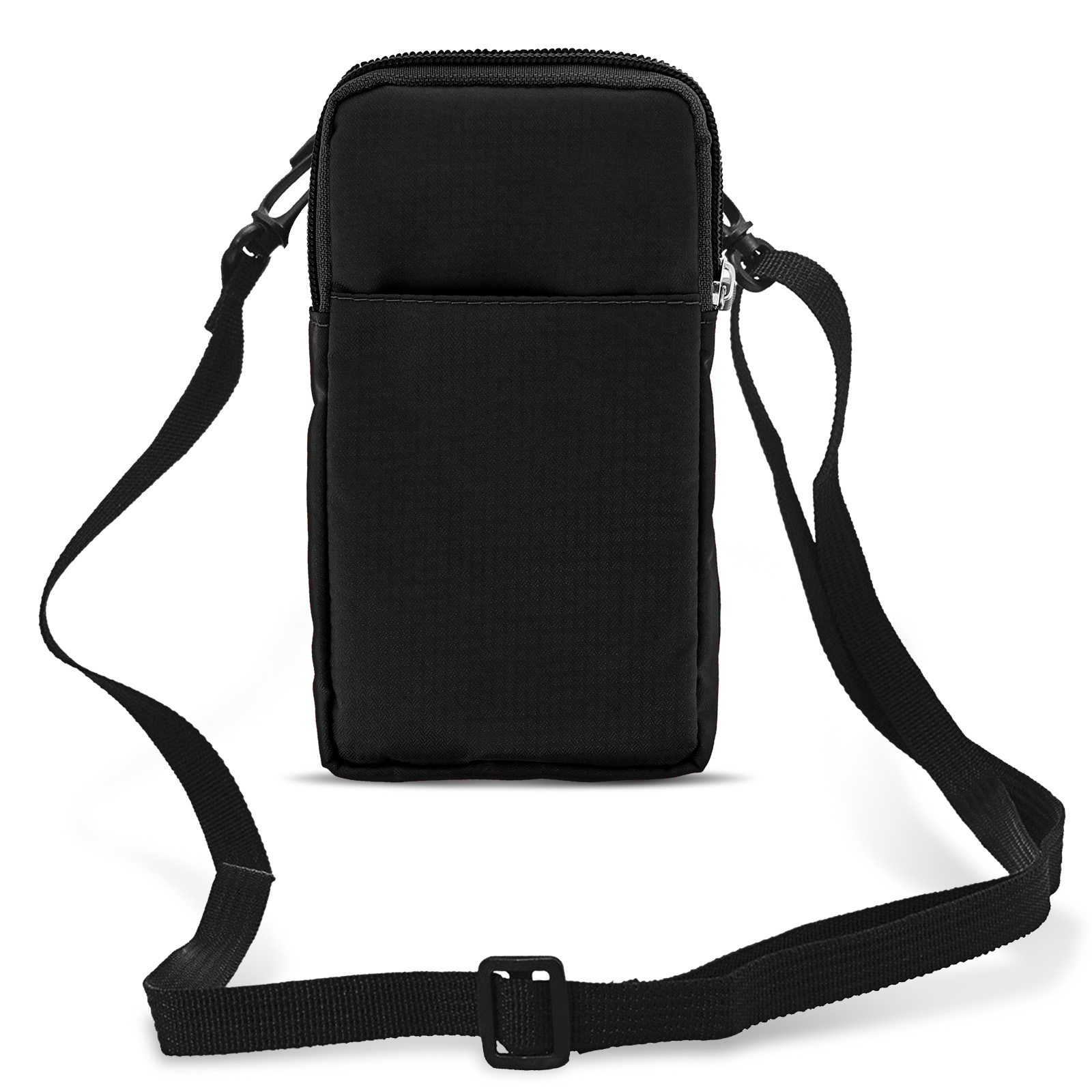 Borsa a tracolla nera per telefono con cinturino e cerniera neri.