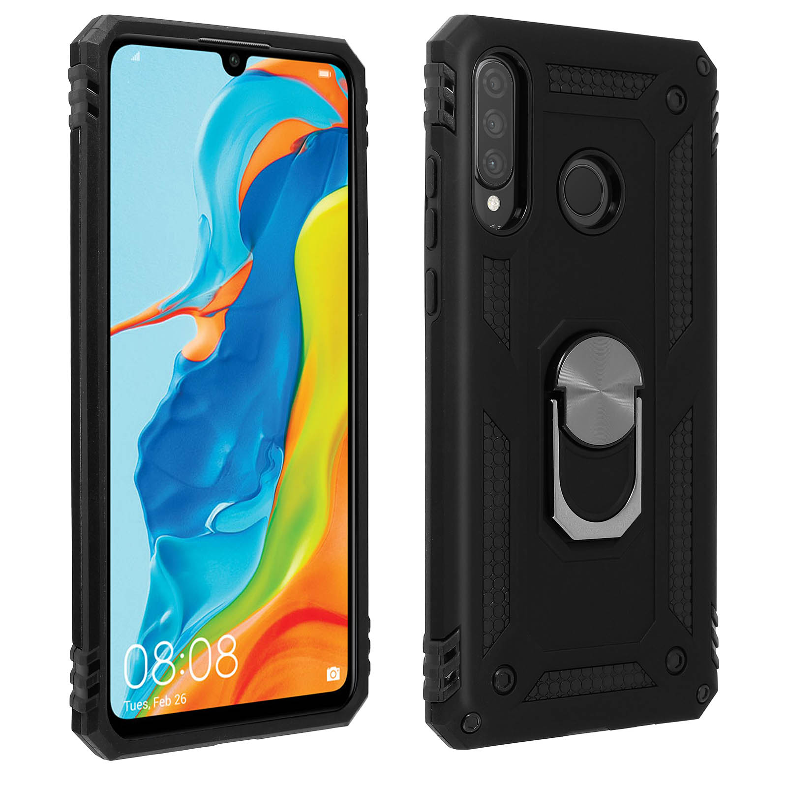 Zwarte telefoonhoes met een telefoon. De telefoon is zwart en de hoes heeft een ringhouder.