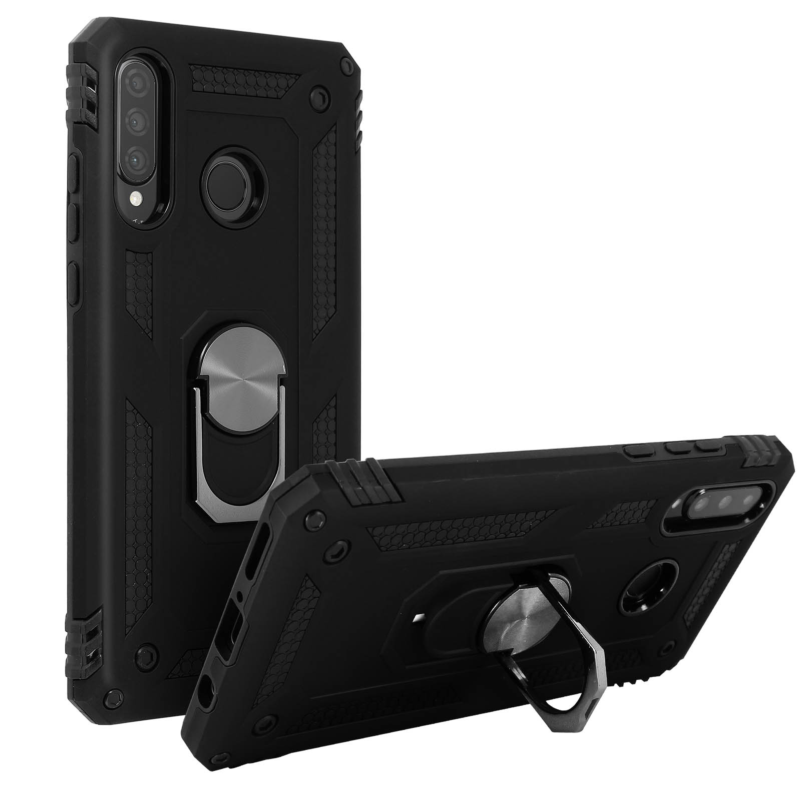 Zwarte telefoonhoesjes, één staand, één schuin, beide met ringhouders.
