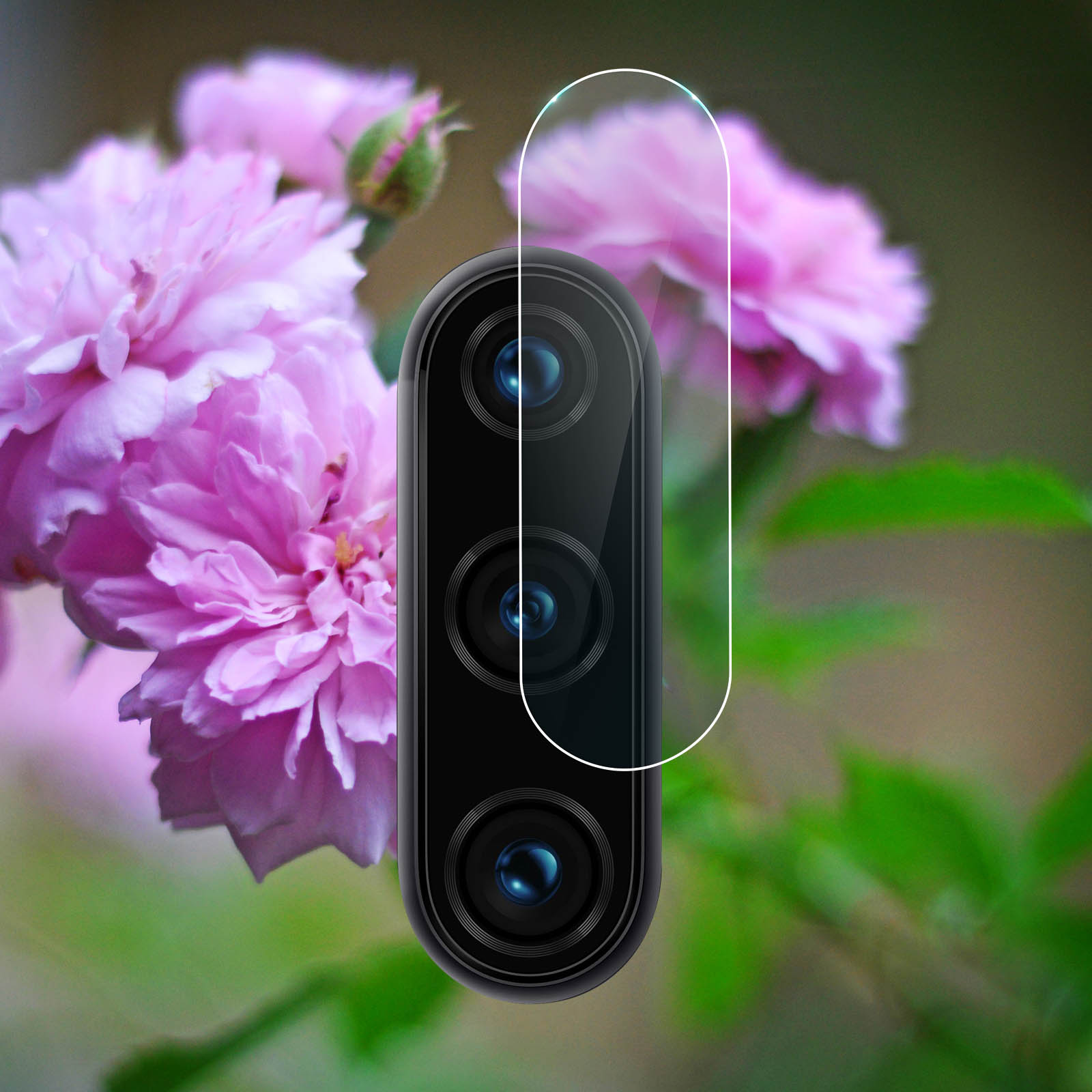 Protecteur d'objectif de caméra de téléphone sur un fond flou de fleurs roses. Trois lentilles sont visibles.