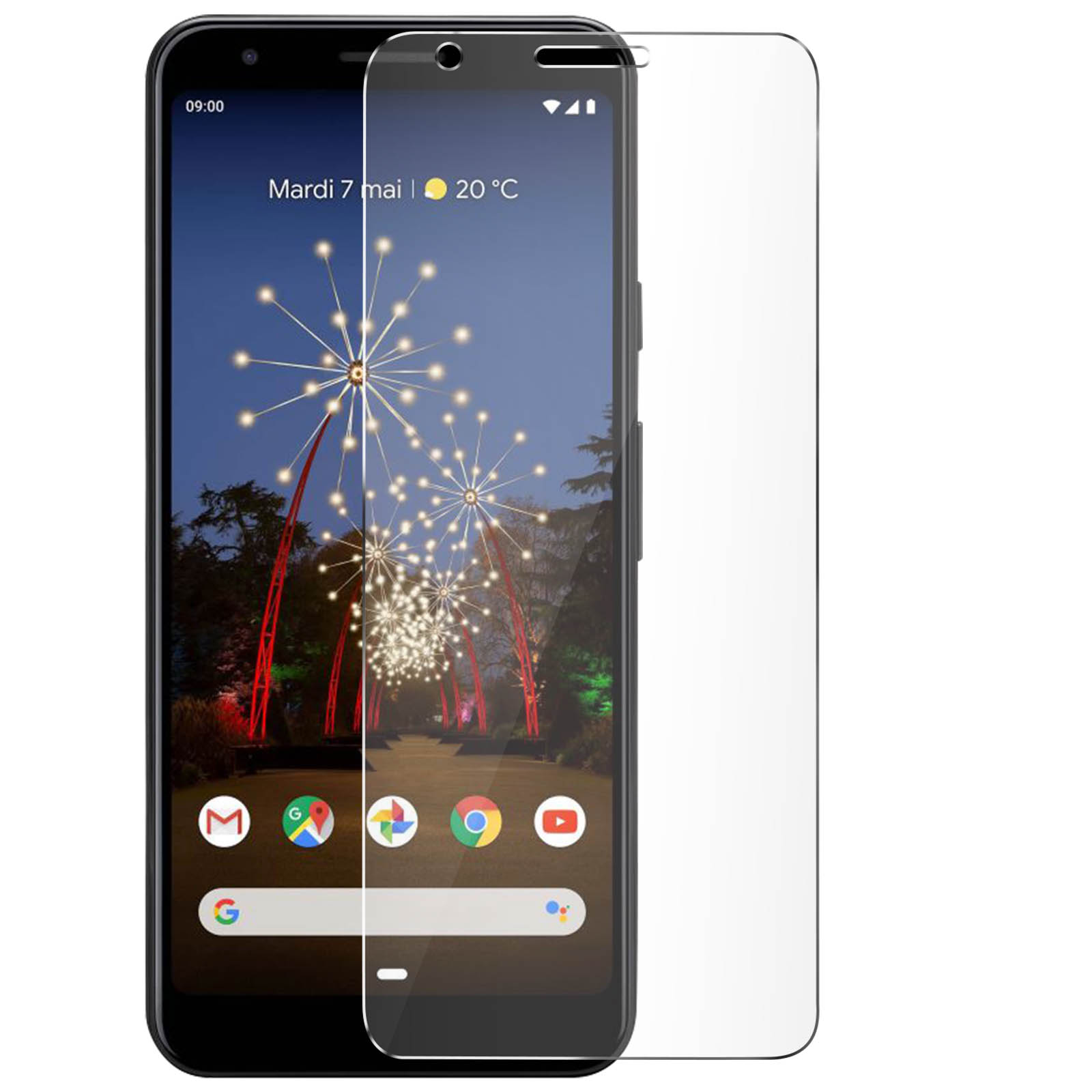 Een telefoon met een schermbeschermer ernaast. Het scherm toont een kalenderpagina met vuurwerk.