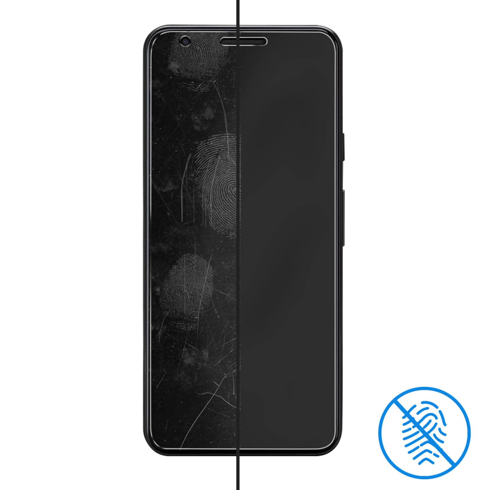 Telefoonscherm met vingerafdrukken, half bedekt door een heldere beschermer.