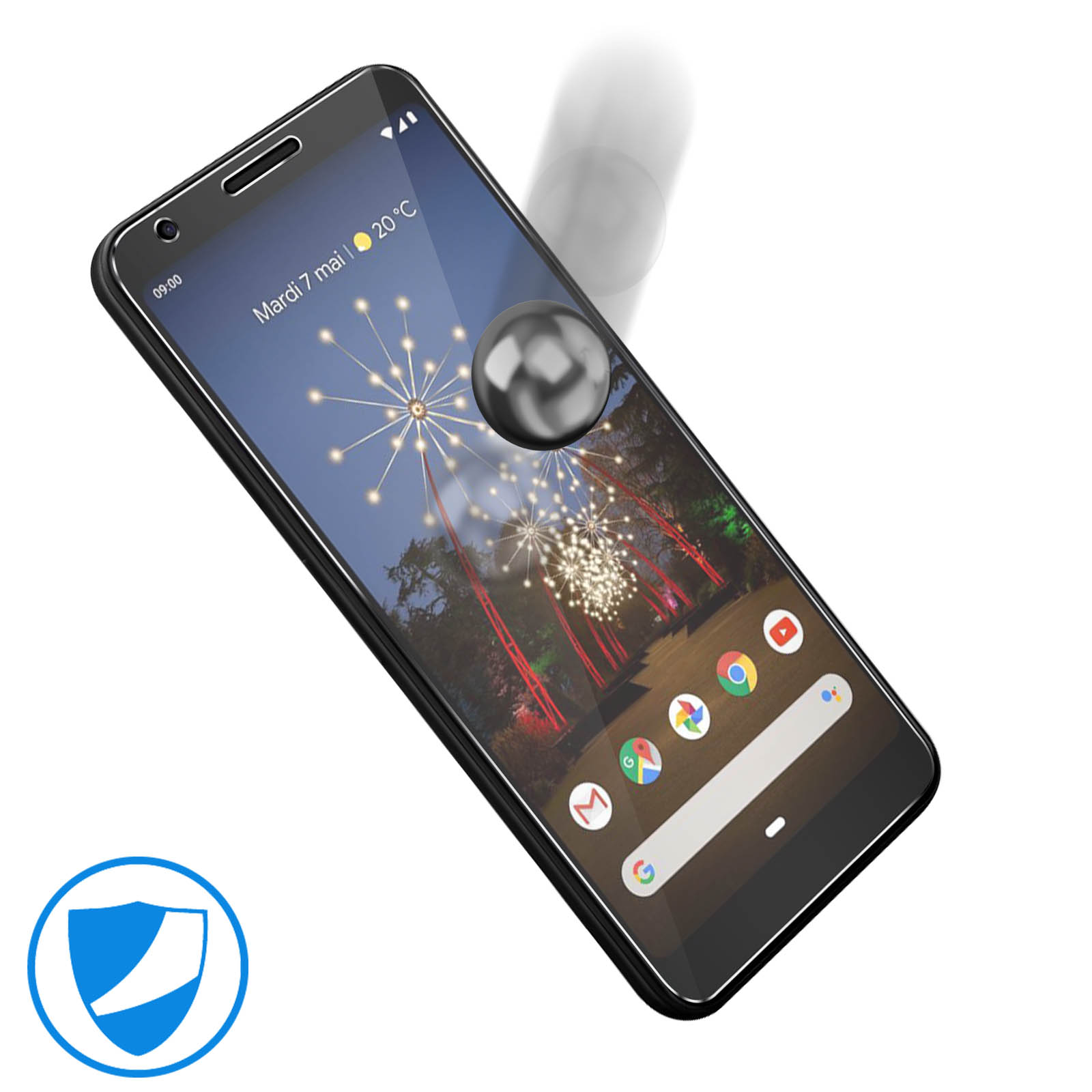 Telefoon met schermbeschermer, een metalen bol valt. Een schildpictogram in de hoek.