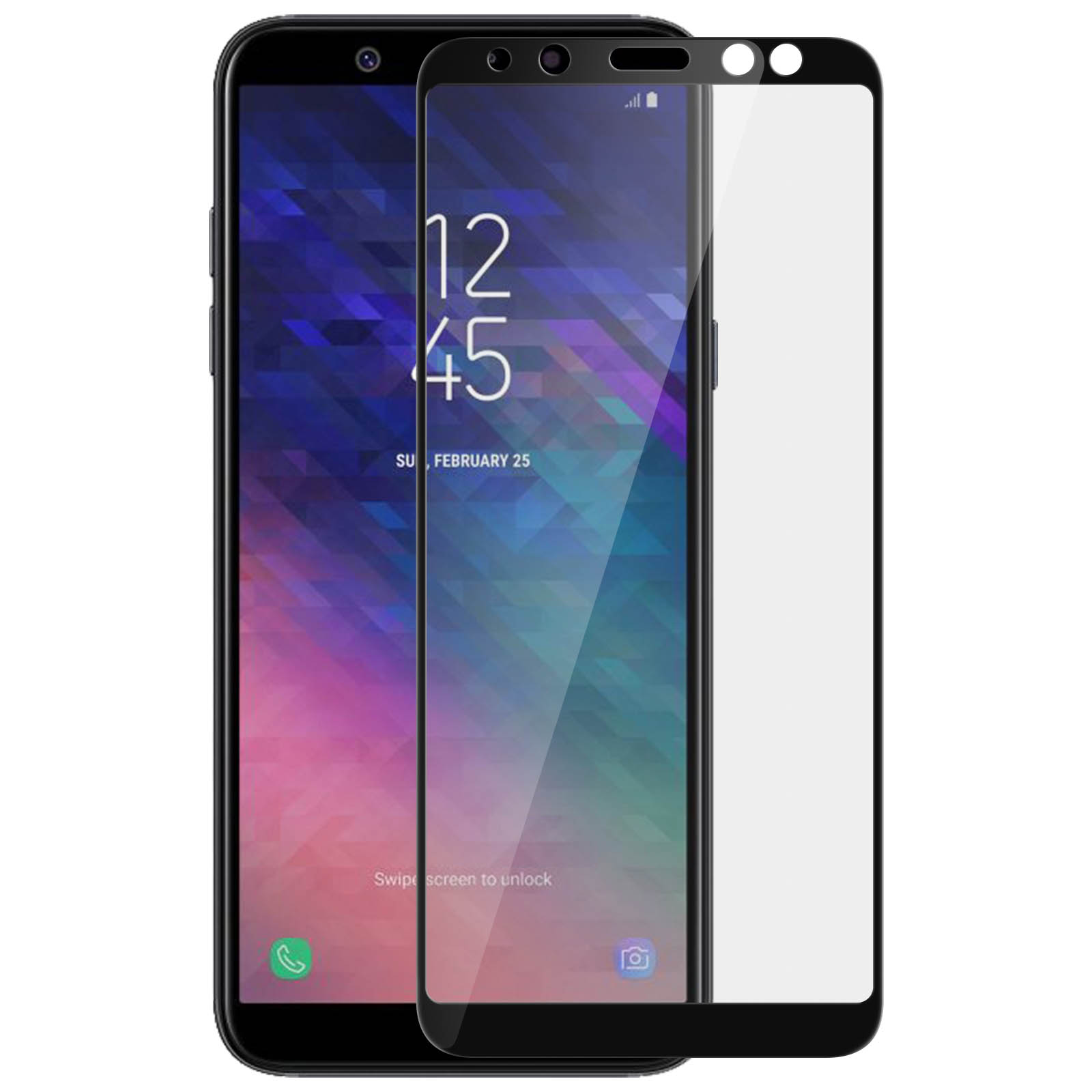 Due smartphone neri affiancati. Uno ha una protezione schermo. L'ora è 12:45, domenica 25 febbraio.