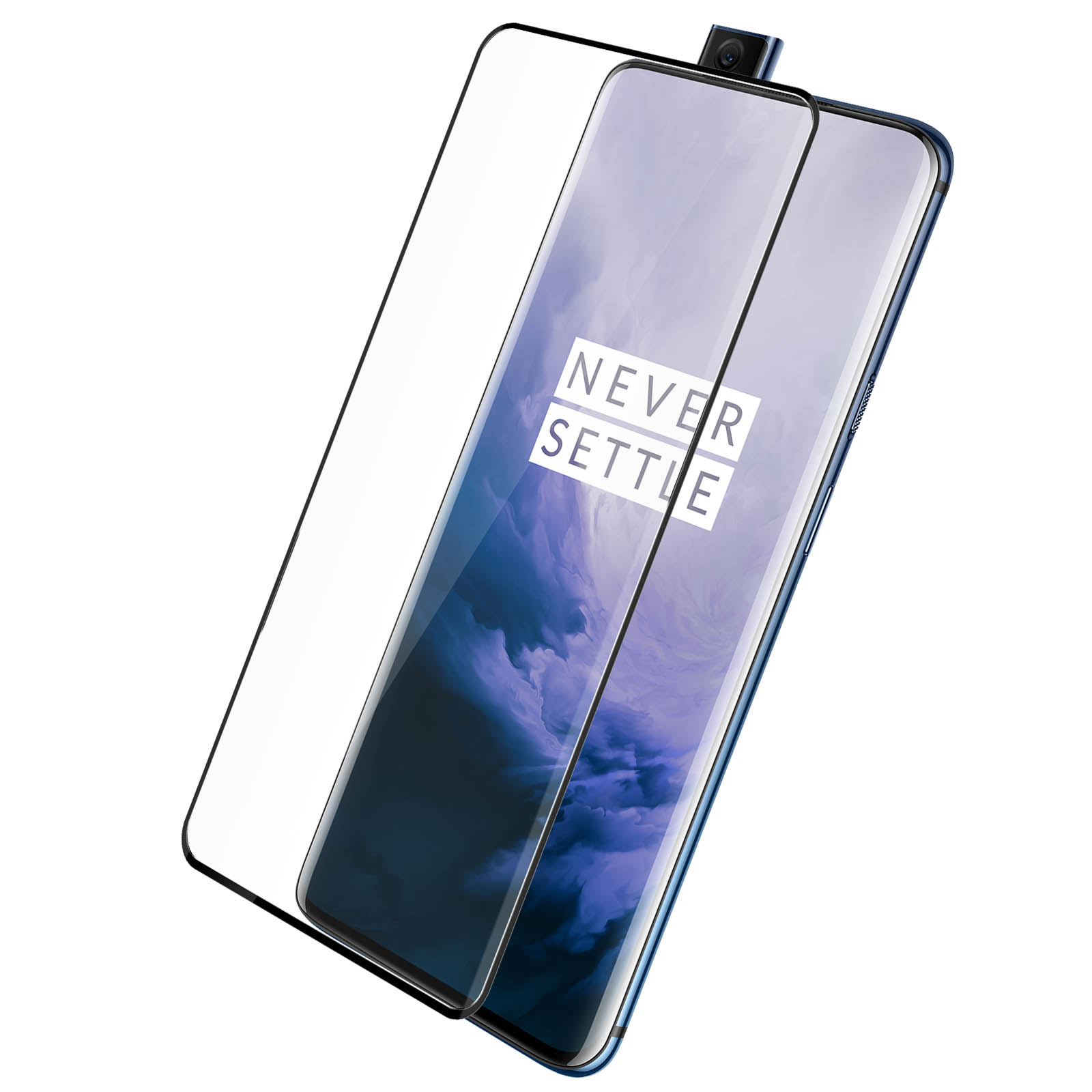 Un téléphone avec un protecteur d'écran installé, affichant les mots 'NEVER SETTLE'. Le téléphone est bleu.