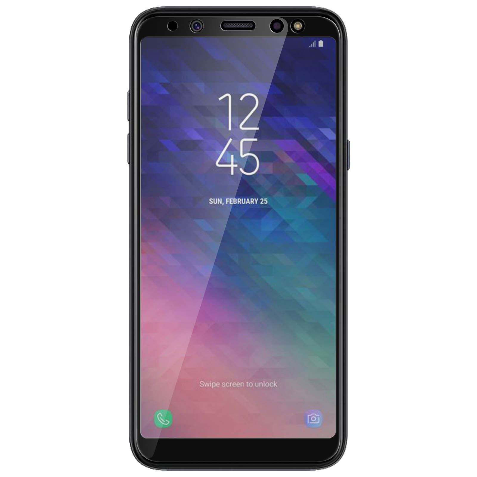 Smartphone nero con ora, data e motivo geometrico. Icone: telefono, fotocamera e scorri per sbloccare.