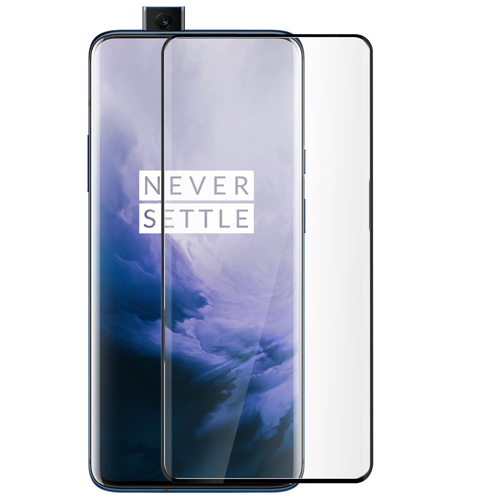 Téléphone avec protecteur d'écran. Never Settle sur l'écran. Fond sombre.