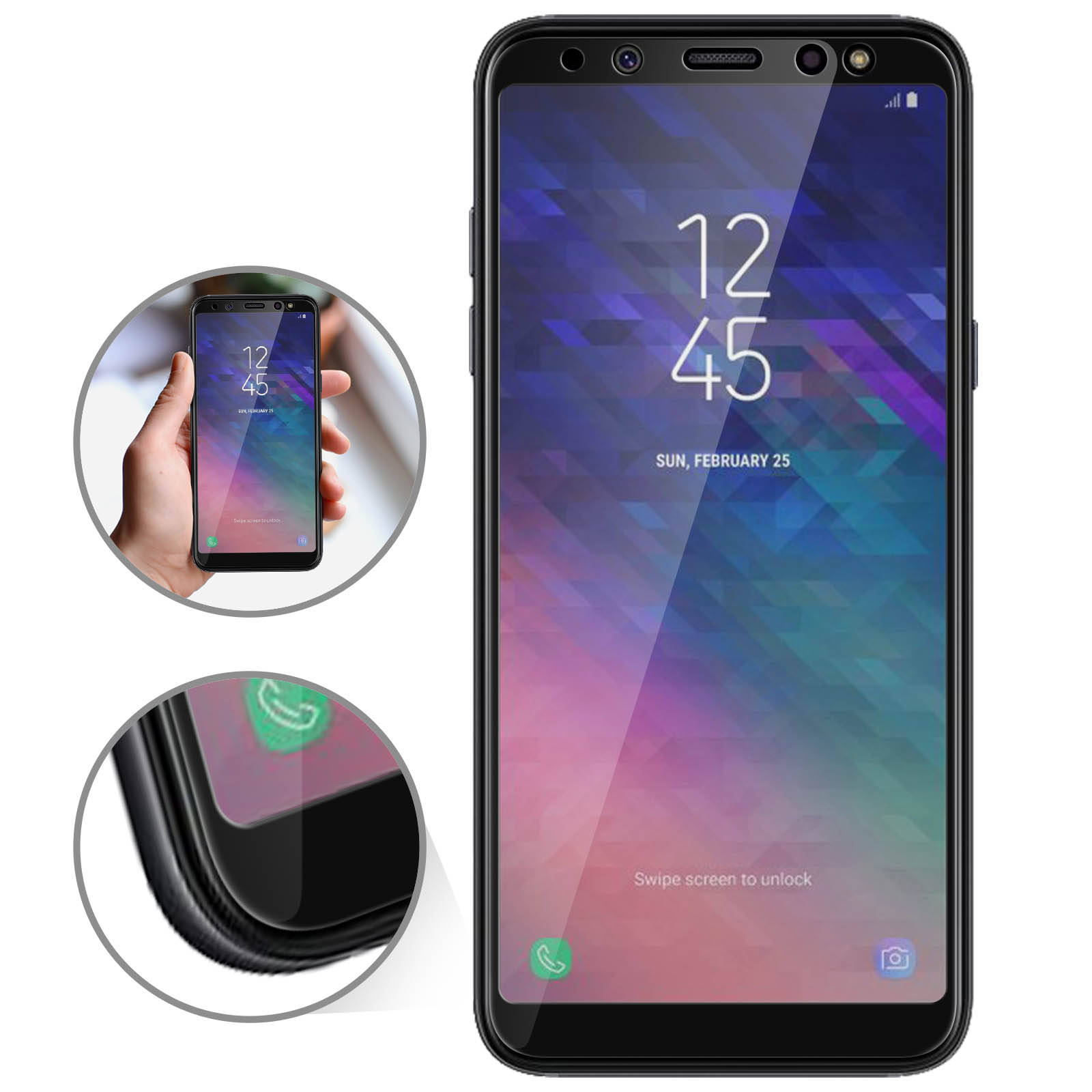 Uno smartphone mostra le 12:45. Il telefono è nero, con touchscreen e un'icona di chiamata.
