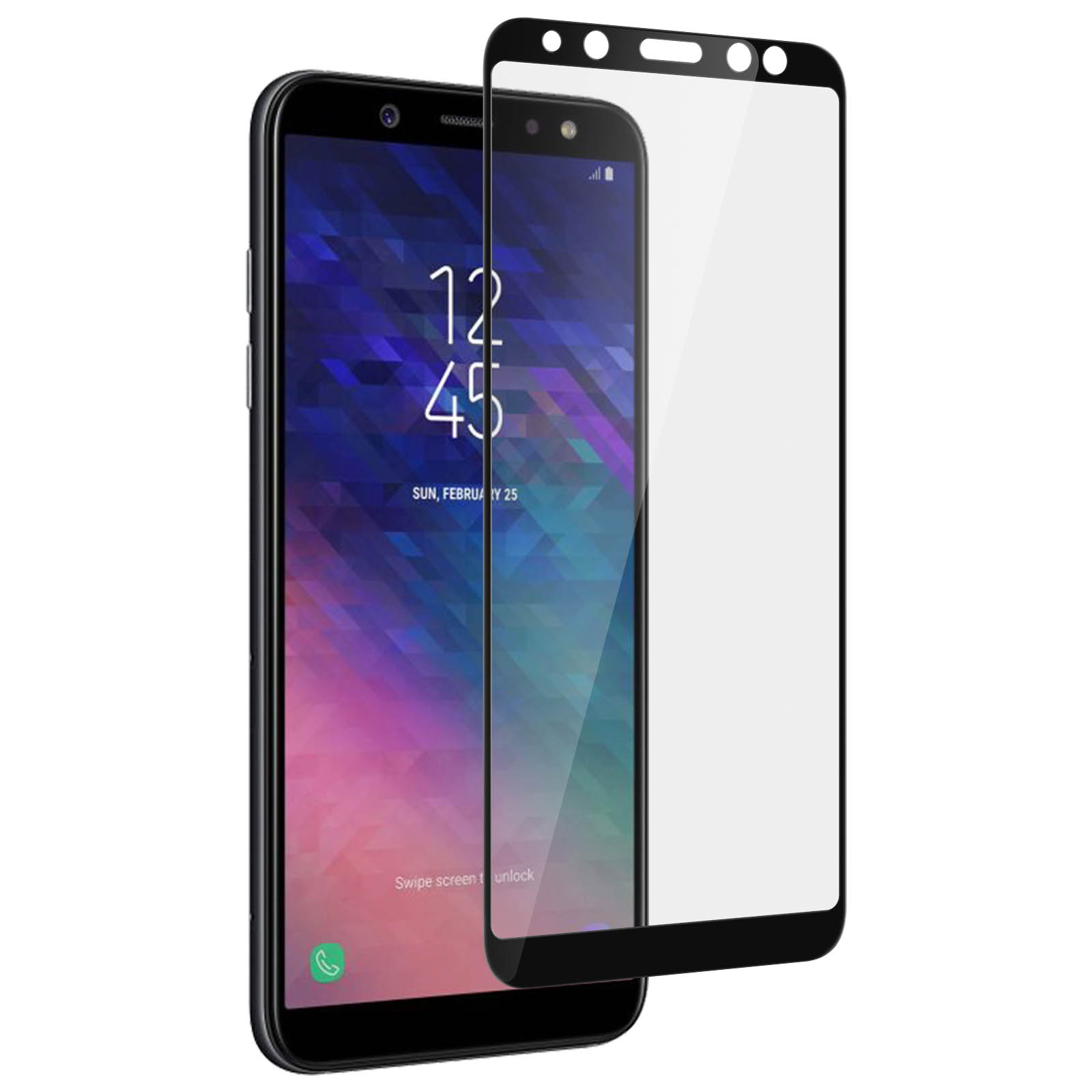 Uno smartphone nero con protezione schermo. Il display mostra ora, data e schermata di blocco. La protezione è a destra.
