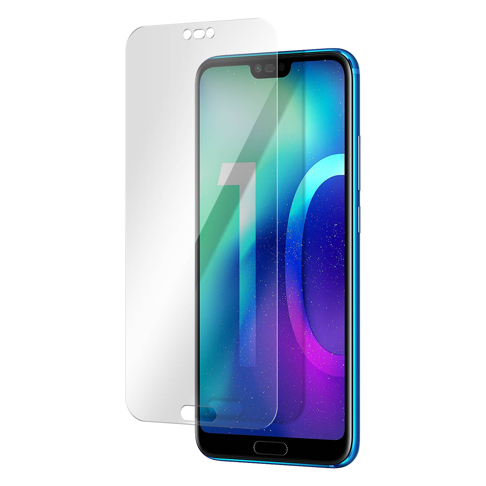 Telefono e protezione schermo. Il telefono ha un bordo blu. Sfondo bianco.