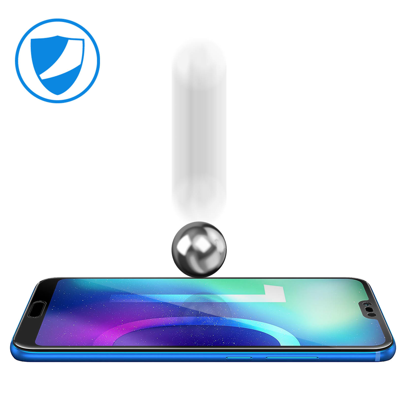 Schermo del telefono con una sfera metallica che cade sopra. Icona scudo in alto a sinistra. Sfondo bianco.