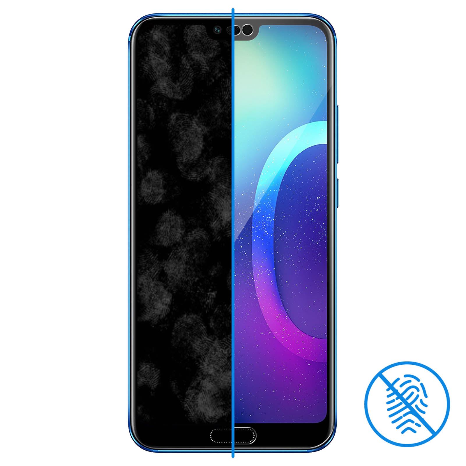 Un telefono con una protezione per lo schermo resistente alle impronte digitali. Icona impronta digitale in basso a destra.