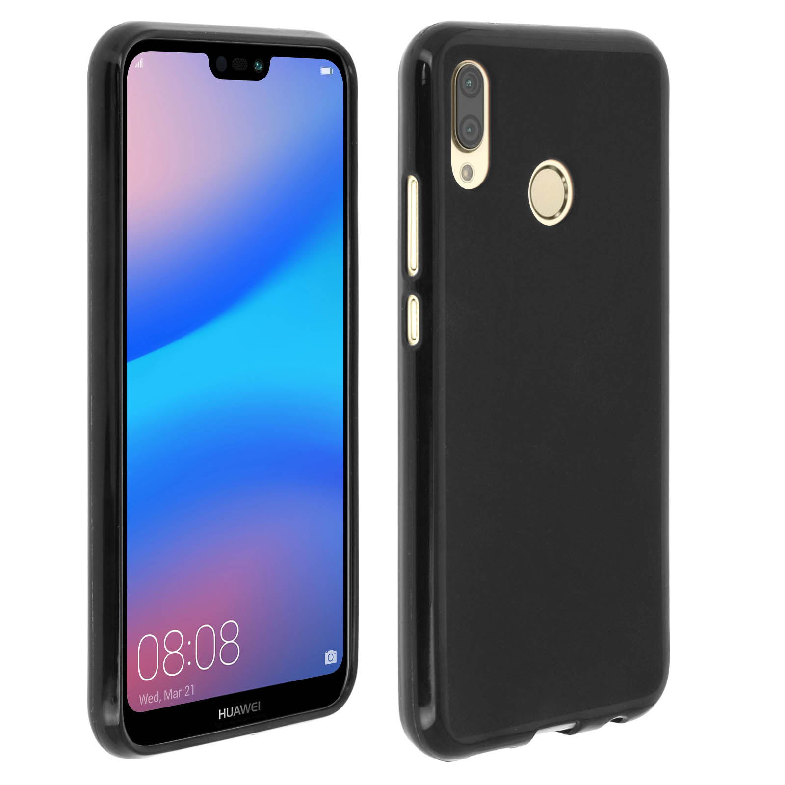 Telefono e custodia neri. Schermo mostra l'ora e il logo Huawei.