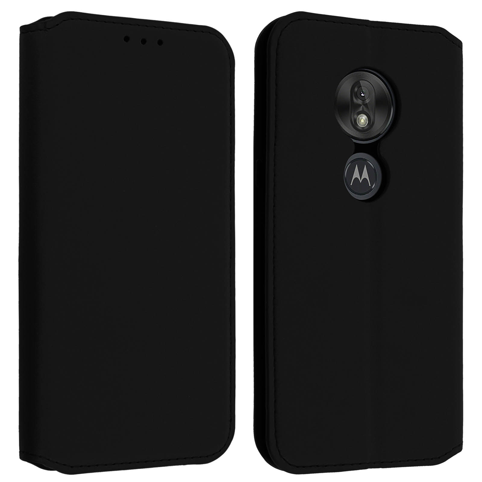 Zwarte telefoonhoesje. De hoes is gesloten, met de achterkant met de camera en het Motorola-logo.