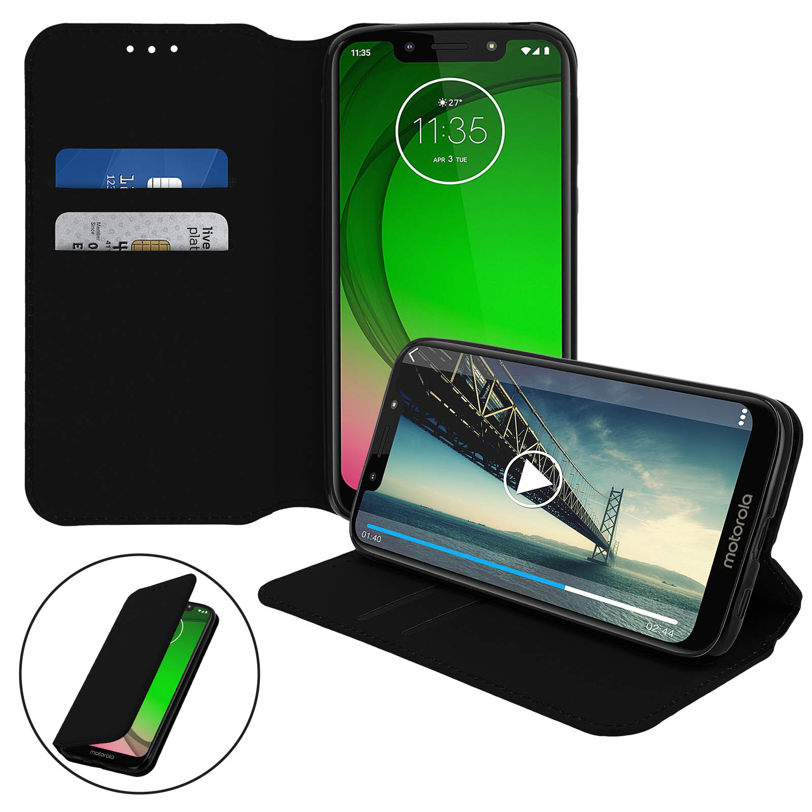 Een zwarte telefoon in een hoesje, met een video die afspeelt. Nog twee telefoons en een portemonnee zijn zichtbaar.