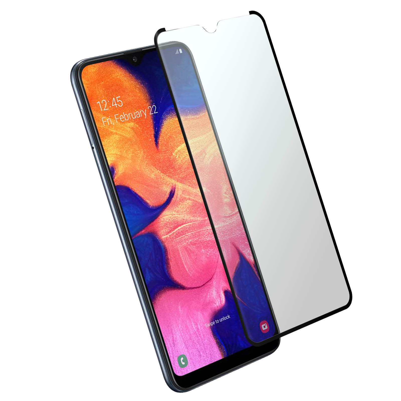 Een blauwe smartphone met een schermbeschermer ernaast. De telefoon toont een kleurrijke achtergrond.
