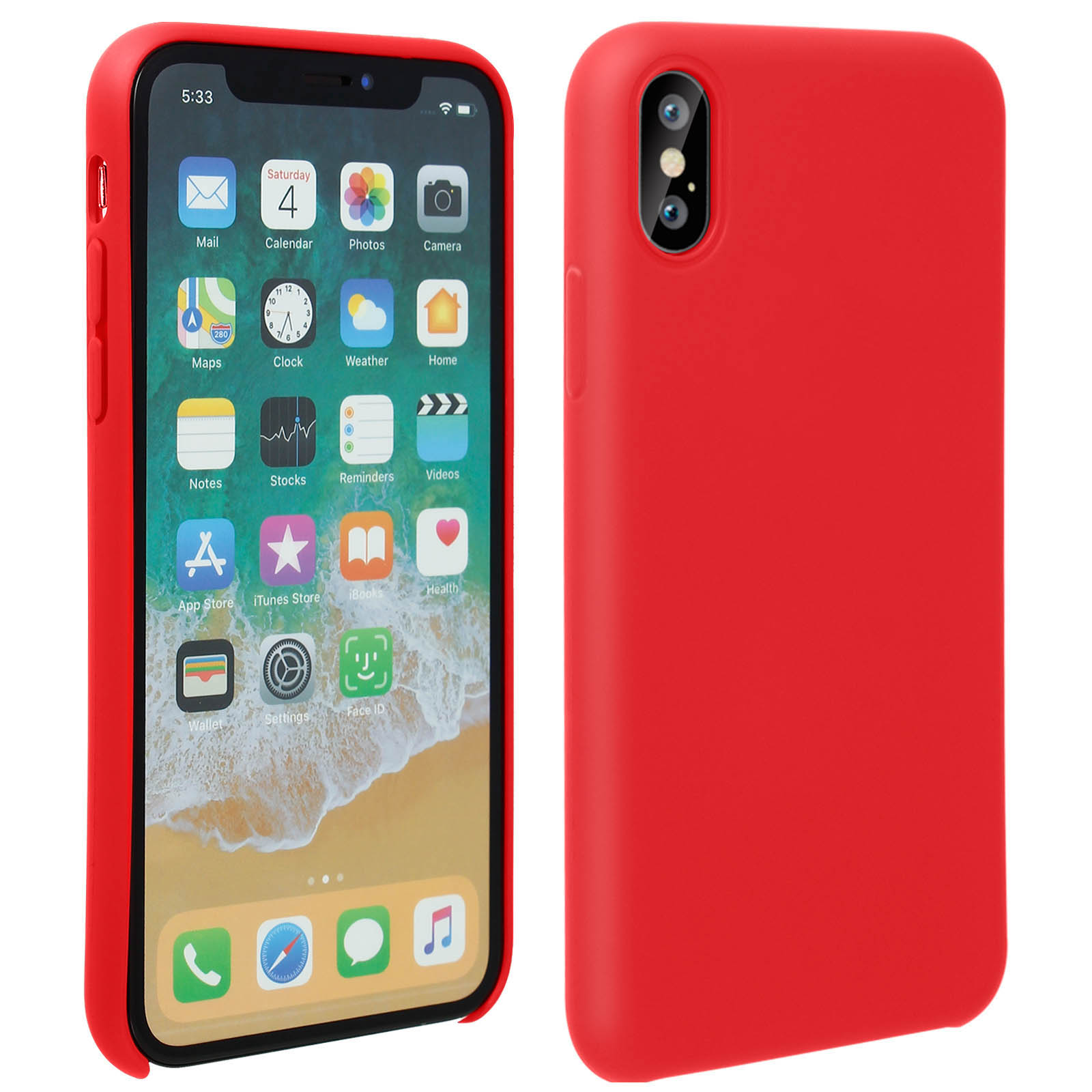 iPhone a sinistra, con app visualizzate. Custodia rossa a destra. Sfondo bianco.