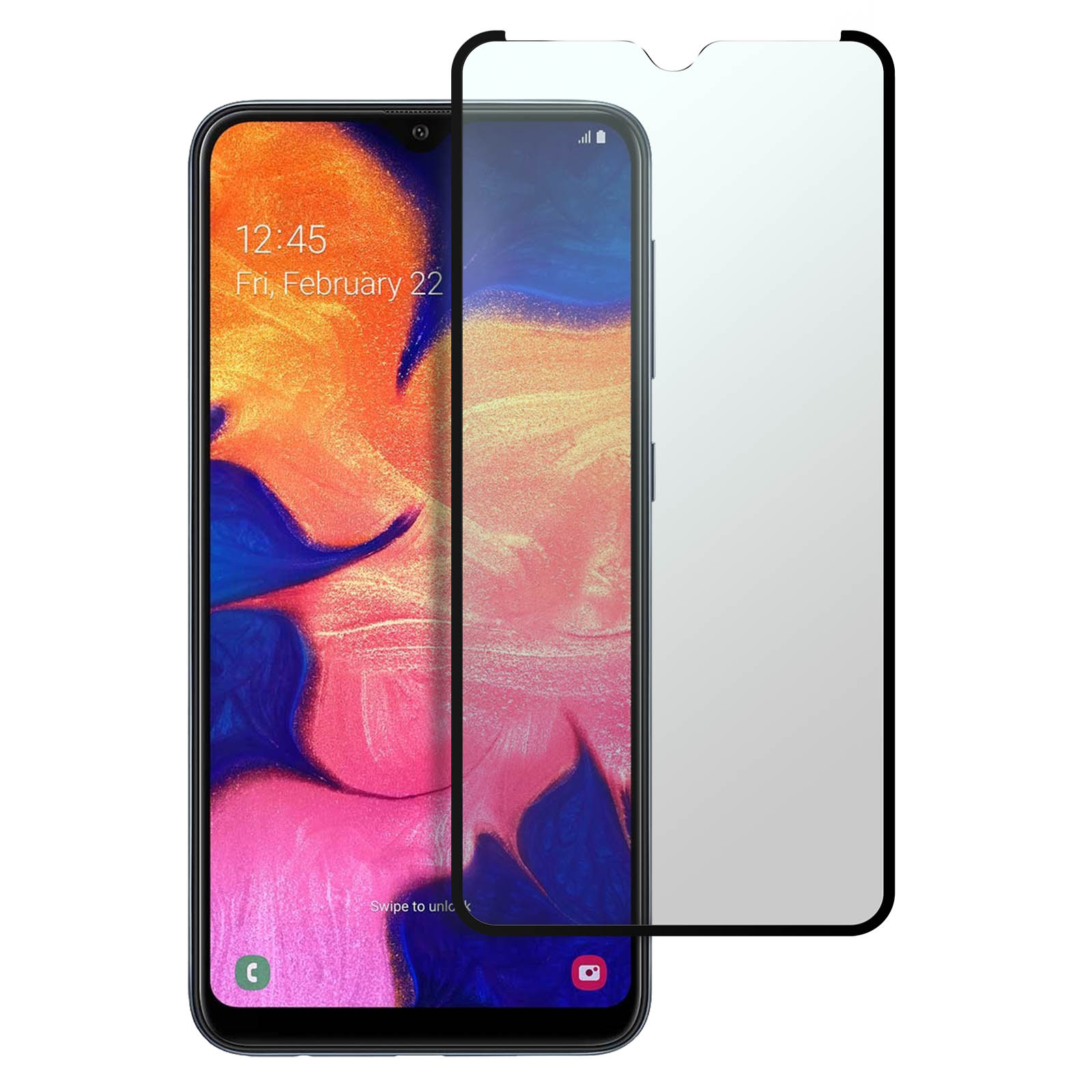 Telefoon met schermbeschermer, op een witte achtergrond.