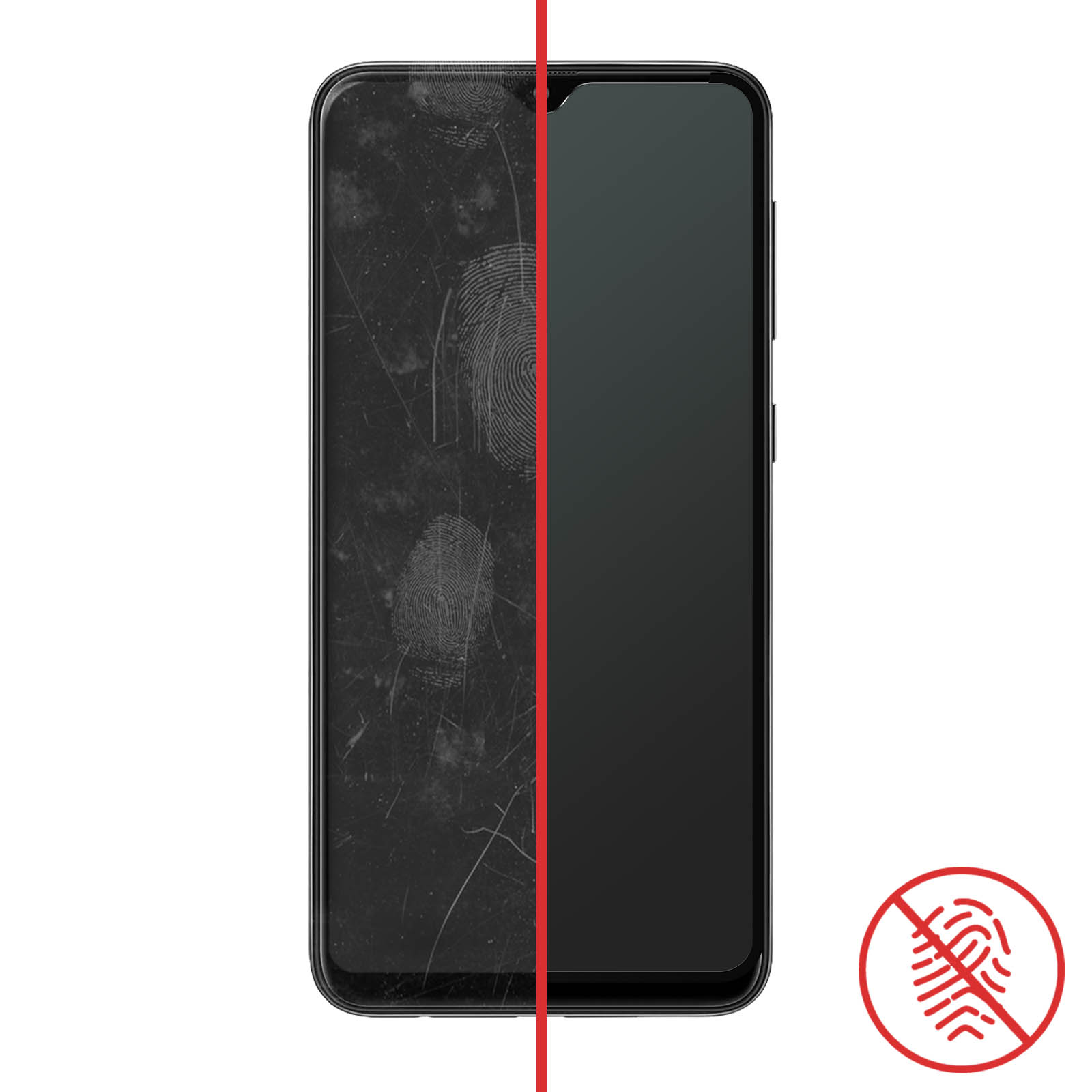 Telefoonscherm verdeeld, linkerkant met vingerafdrukken, rechterkant schoon met rode lijn en geen-vingerafdruk-icoon.