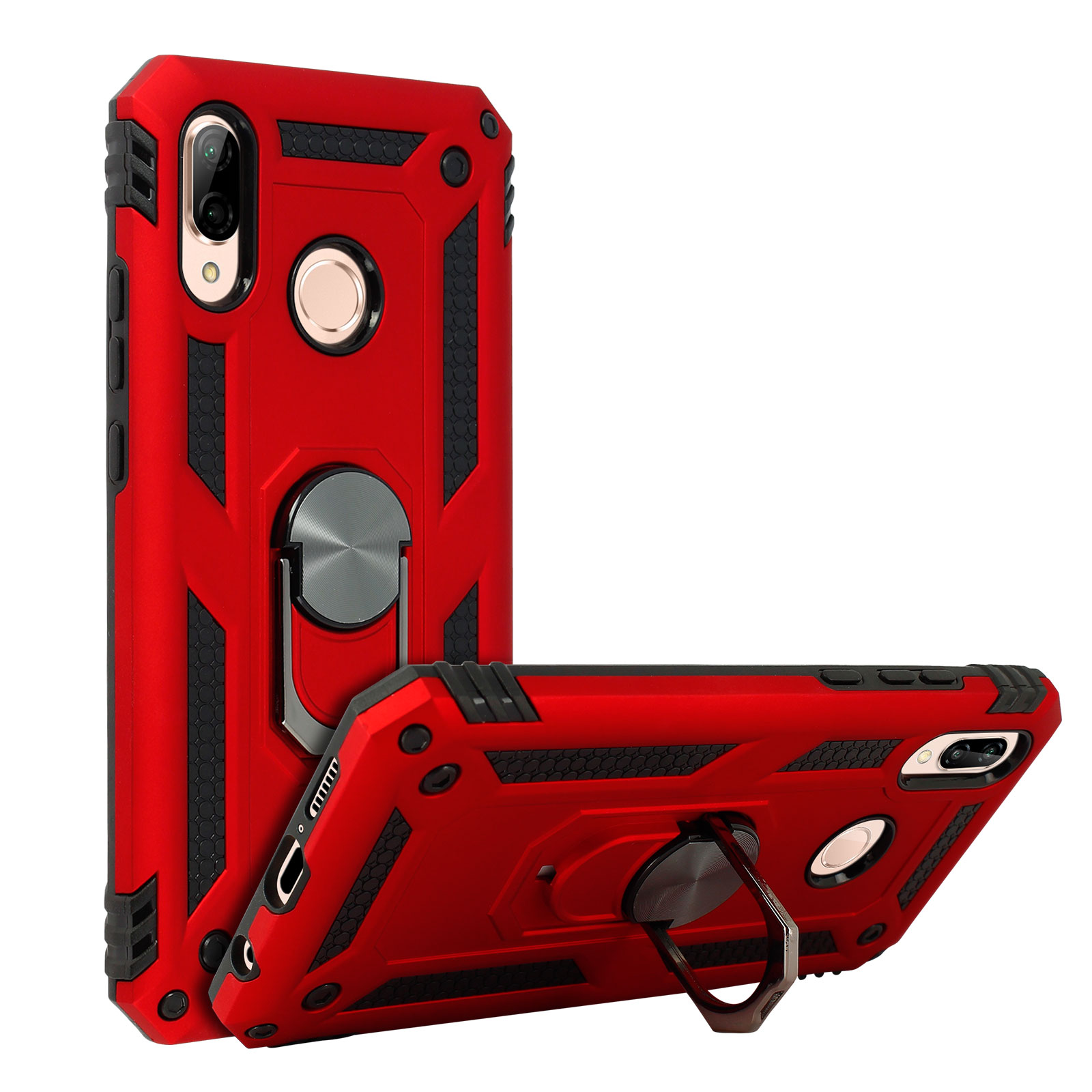 Coque de téléphone rouge avec deux côtés différents. La coque a un support de bague.