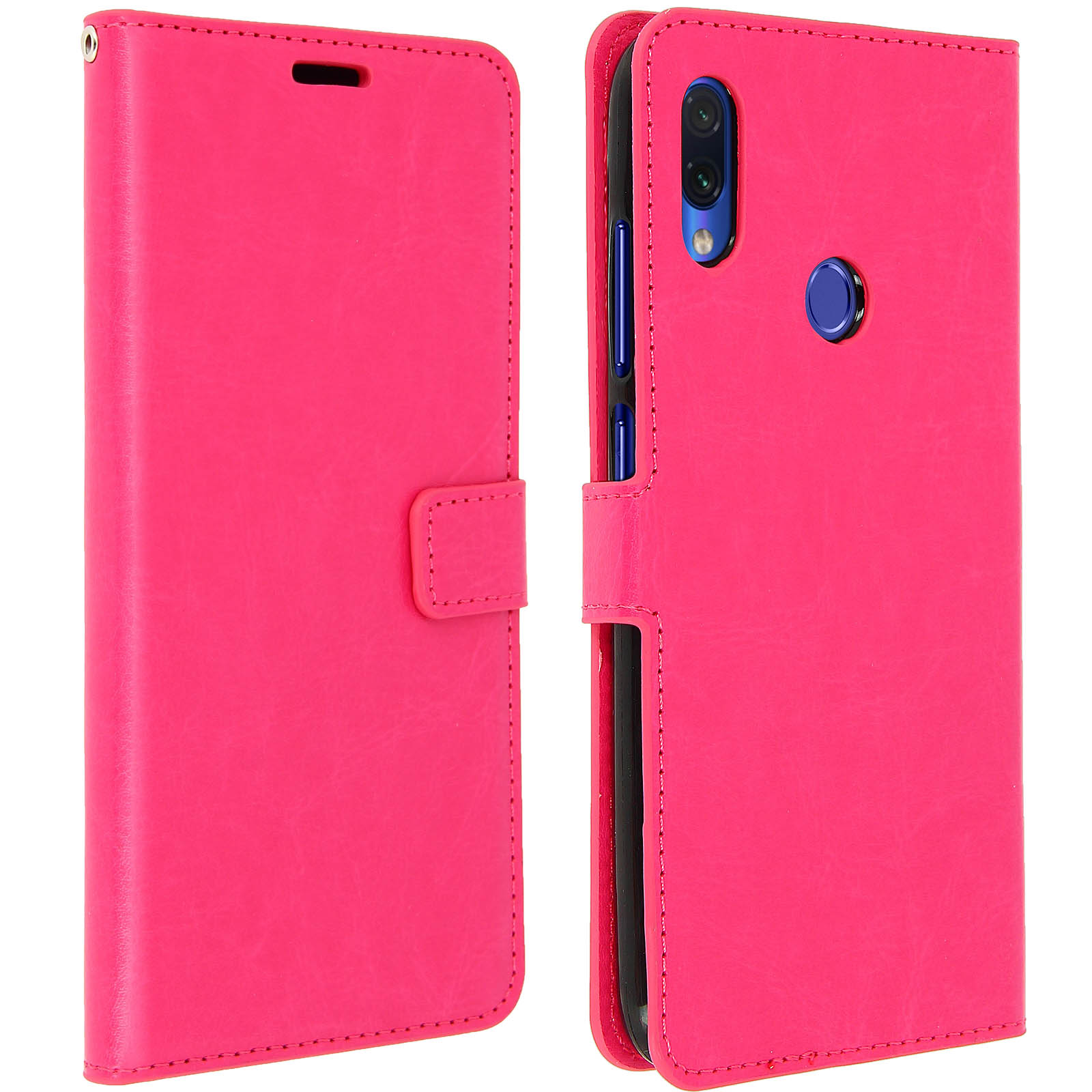 Custodia per telefono rosa brillante, aperta. Mostra il telefono all'interno. La custodia è simile alla pelle con un bottone.