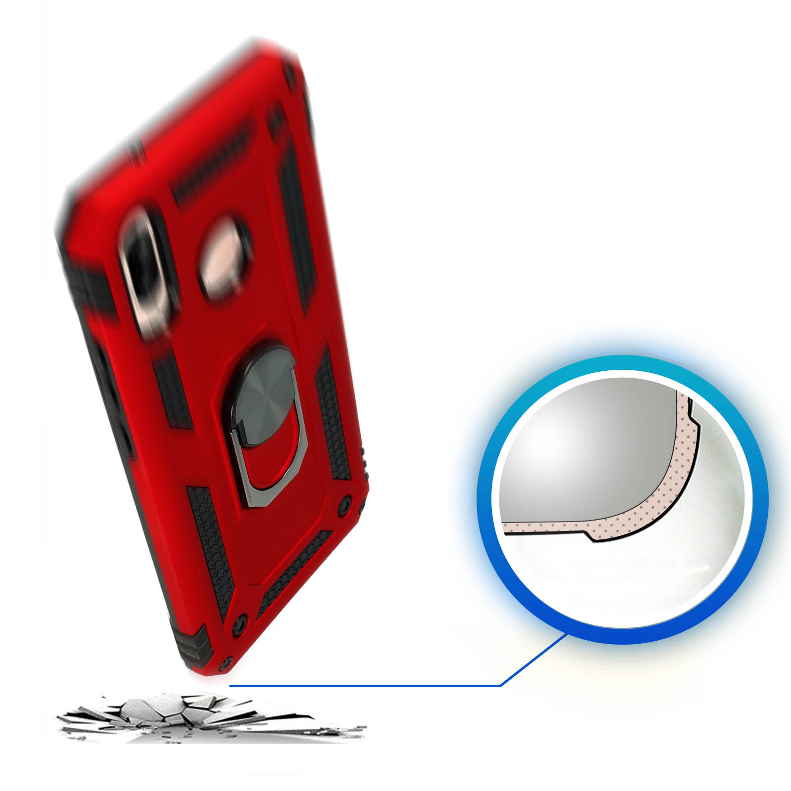 Coque de téléphone rouge avec support d'anneau, avec diagramme détaillé de sa structure.