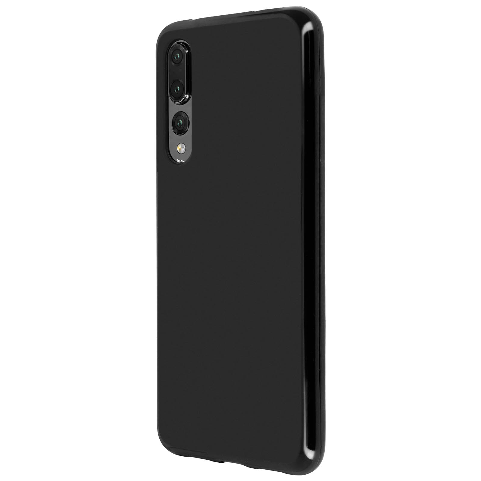 Una custodia per telefono nera, che mostra il retro e il lato. Ha una fotocamera visibile ed è lucida.