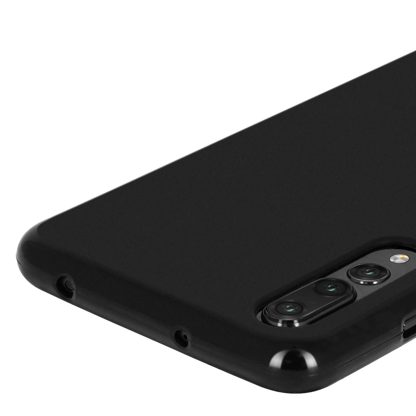 Primo piano di una custodia nera per telefono con fotocamera e porta di ricarica. Il telefono è nero.