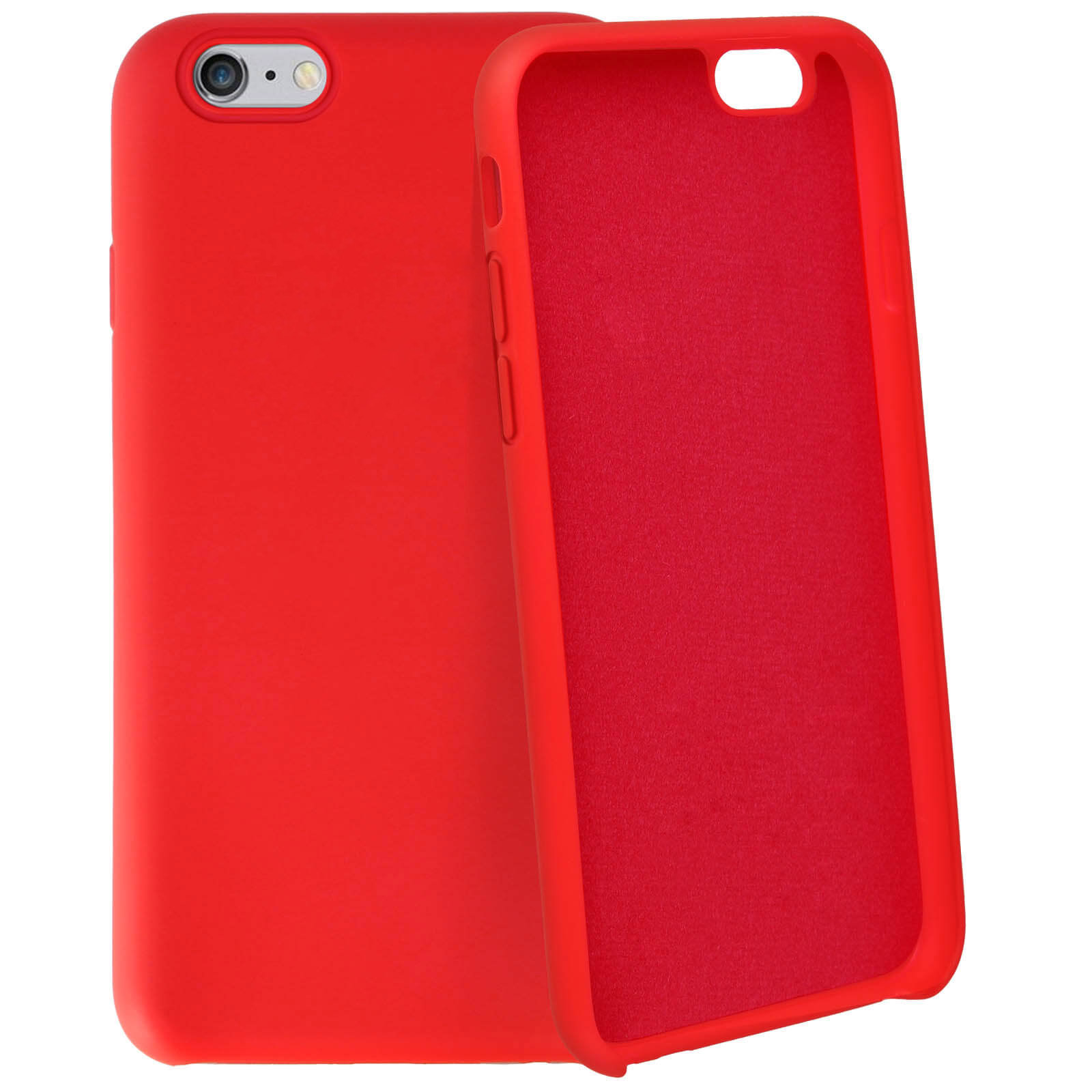 Deux coques de téléphone rouges, l'une montrant la doublure intérieure et l'autre l'extérieur.