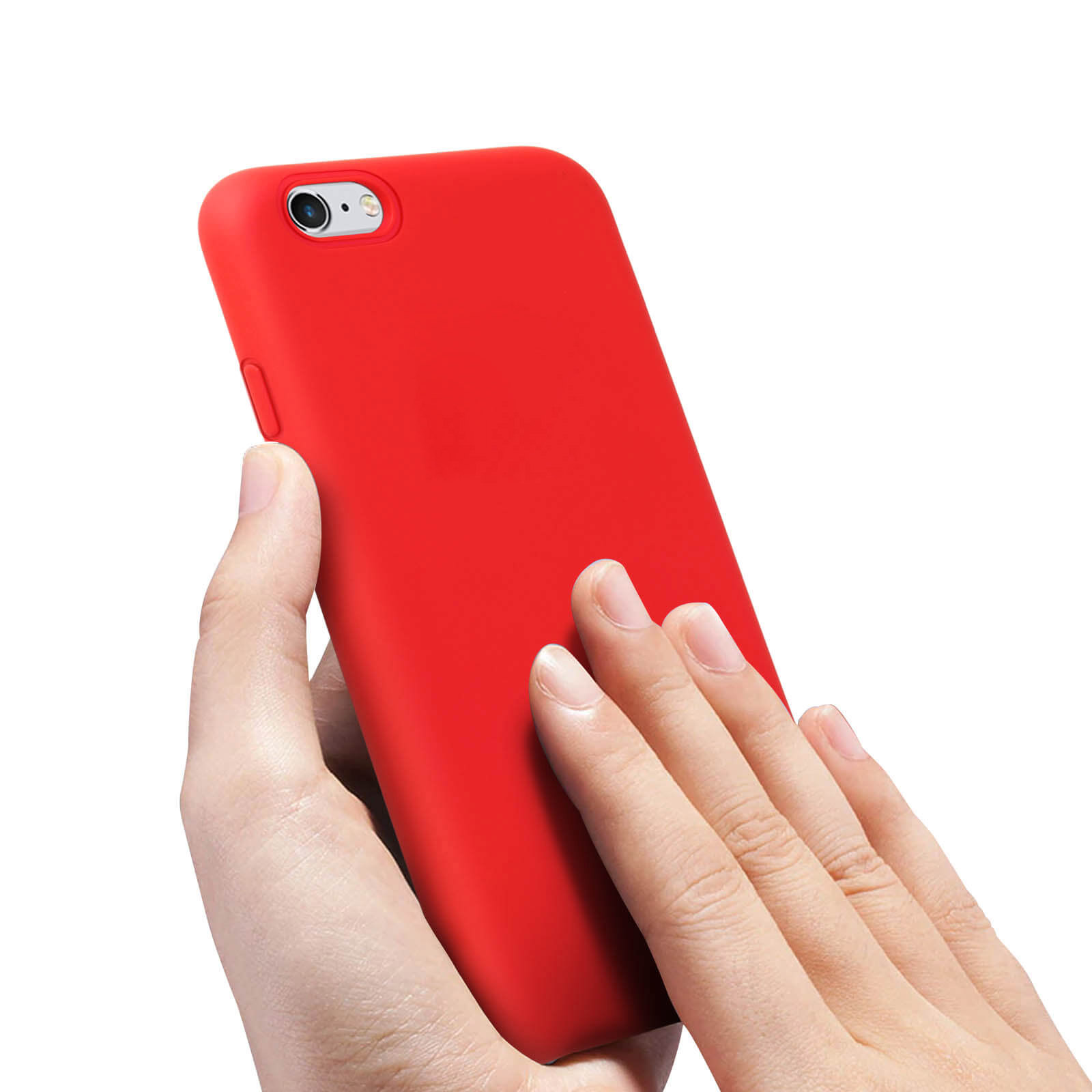 Coque de téléphone rouge tenue par une main. Fond rouge.