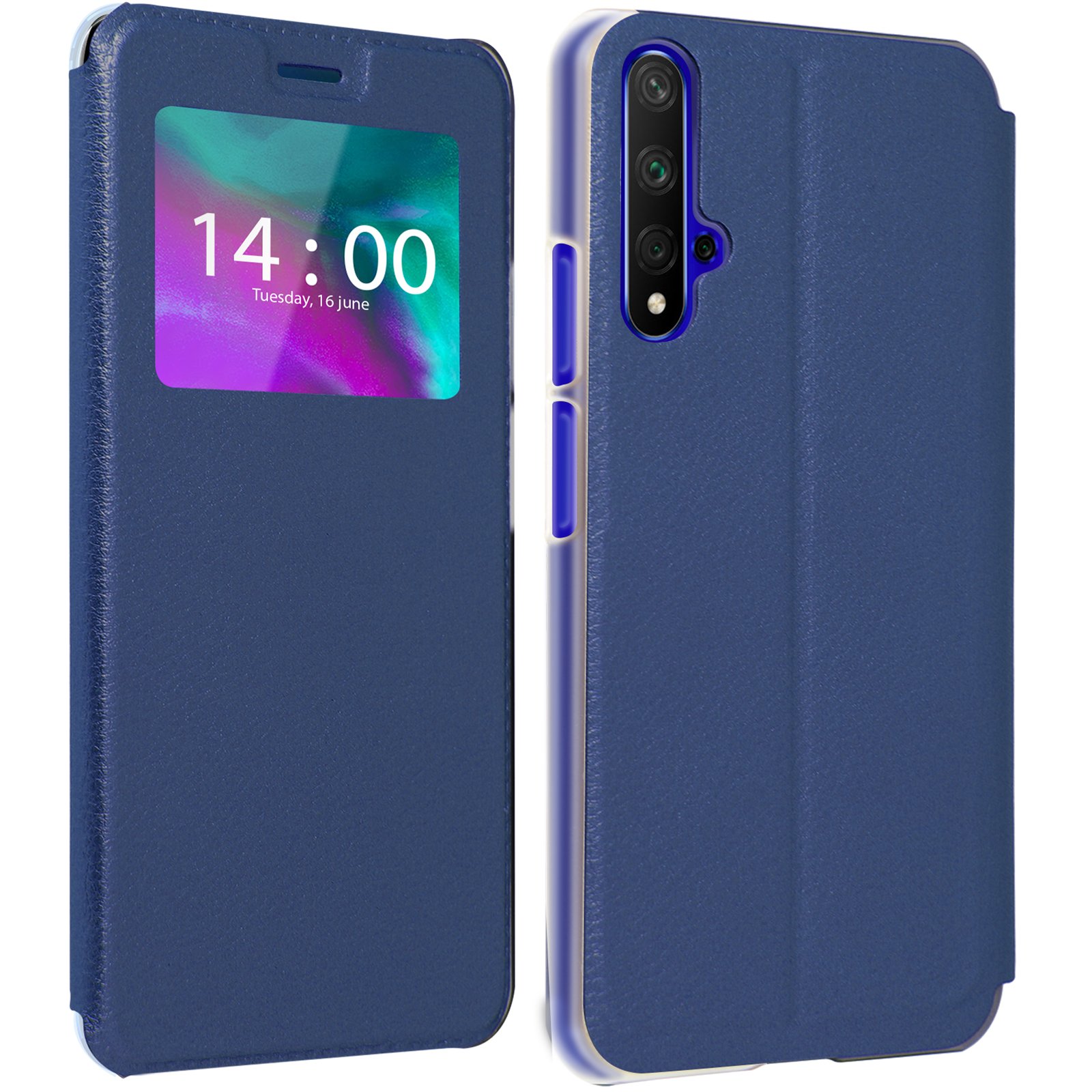 Funda azul para teléfono abierta, mostrando la hora en la pantalla del teléfono.