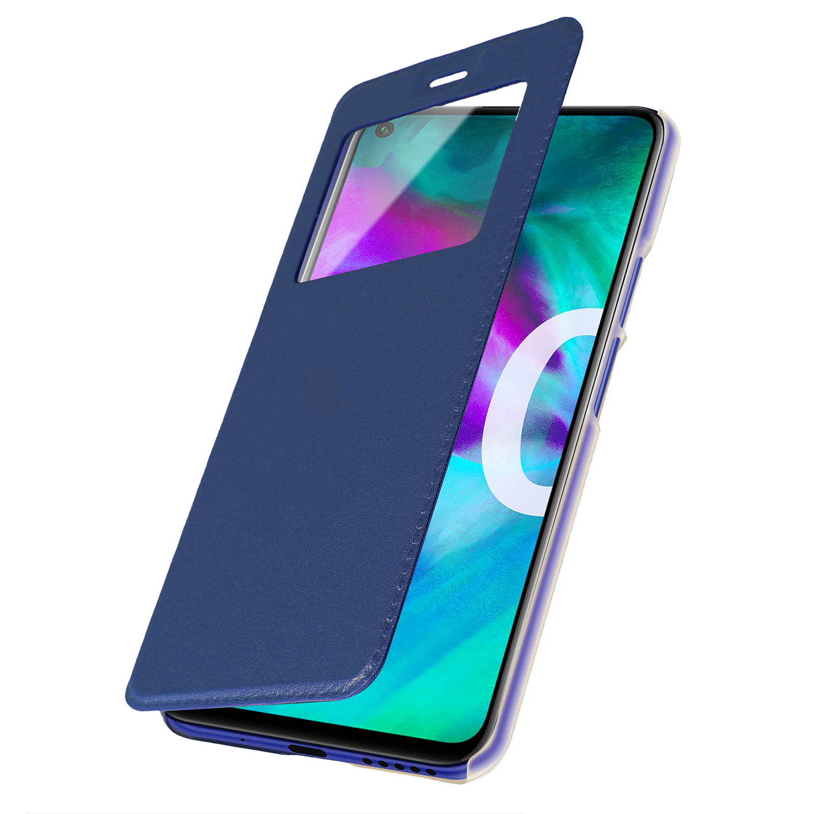 Una funda de teléfono azul con una ventana abierta. La pantalla del teléfono es verde y azul.