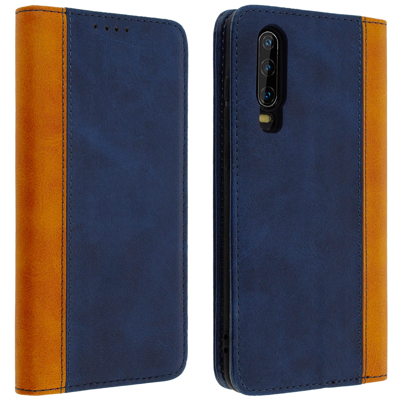 Custodia per telefono in pelle blu e marrone, aperta per mostrare il telefono. Con scomparti per carte.