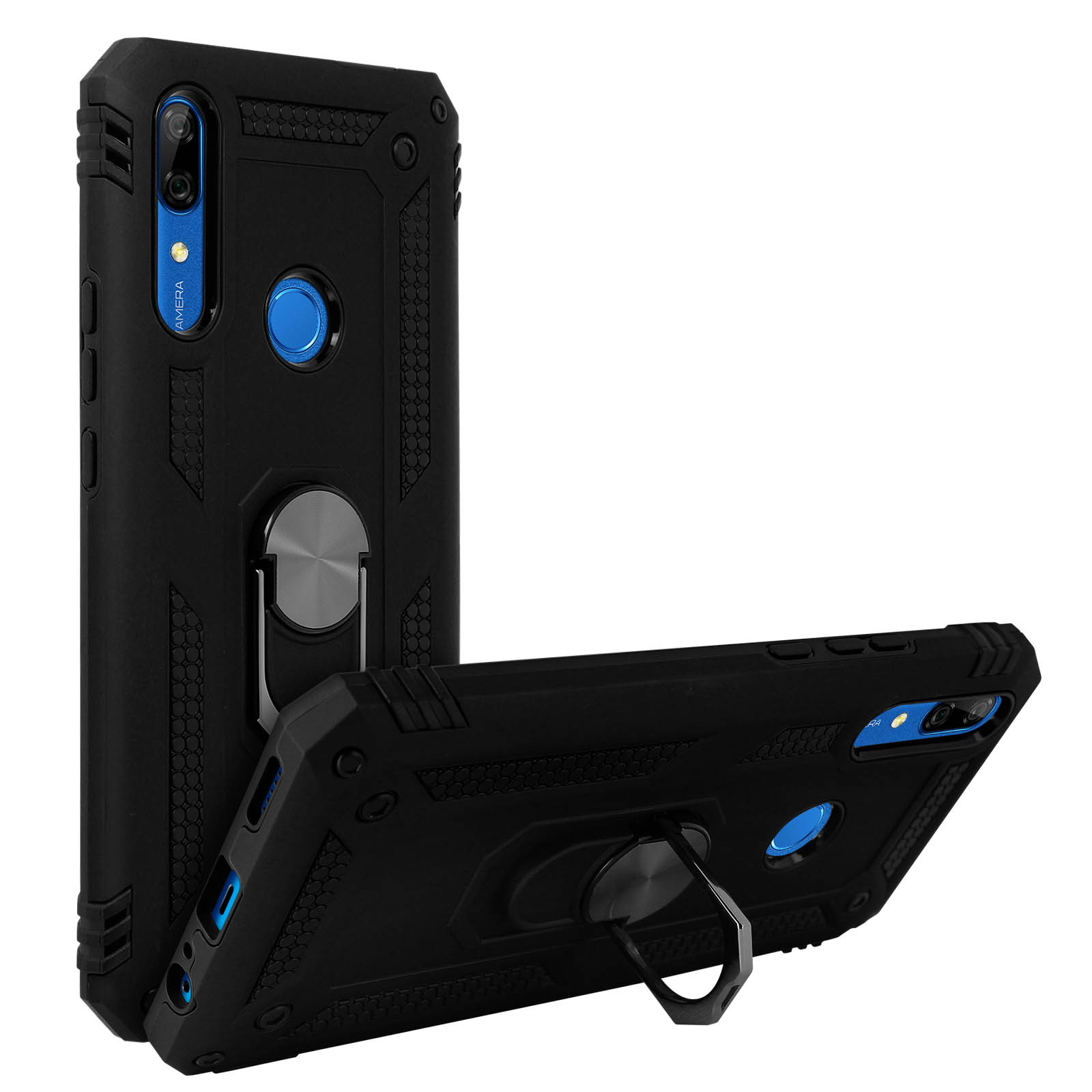 Custodia per telefono nera con supporto ad anello. Due custodie esposte.