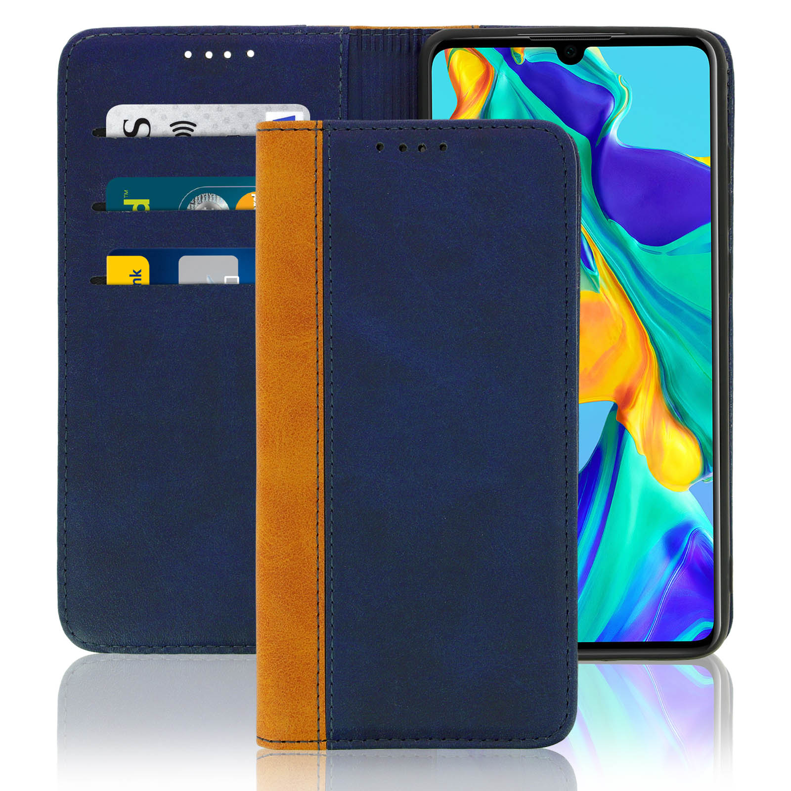 Una custodia blu per telefono con un accento marrone. La custodia è aperta, mostrando un telefono con carte negli slot.