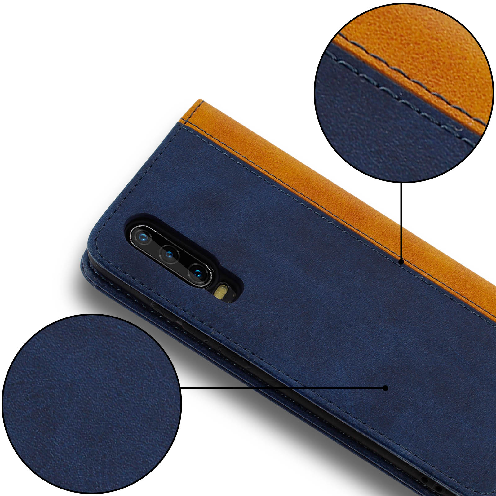 Custodia per telefono blu scuro e marrone chiaro con una vista ravvicinata della fotocamera e della texture.