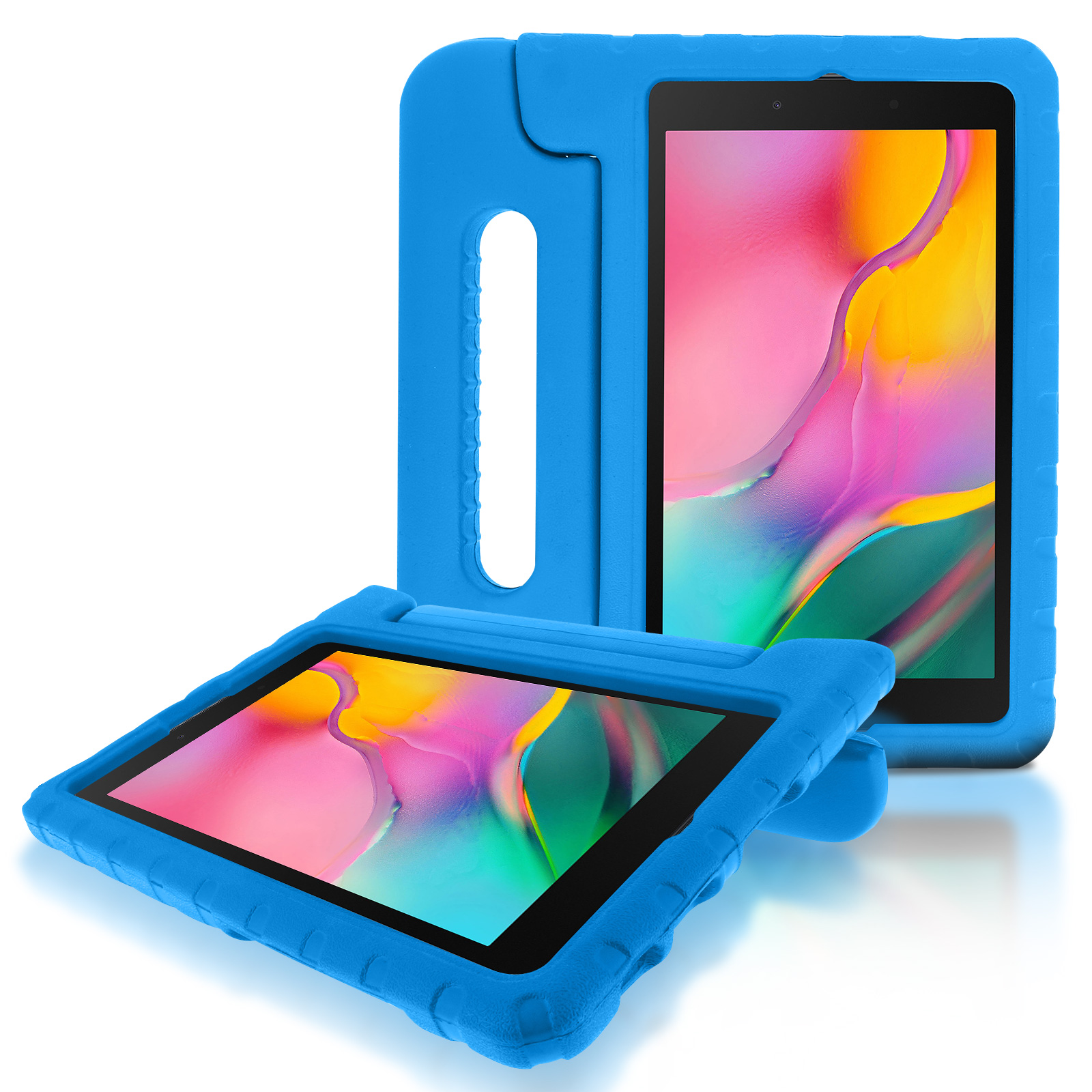 Zwei blaue Tablet-Hüllen mit Tablet. Beide zeigen farbenfrohe Bildschirme.
